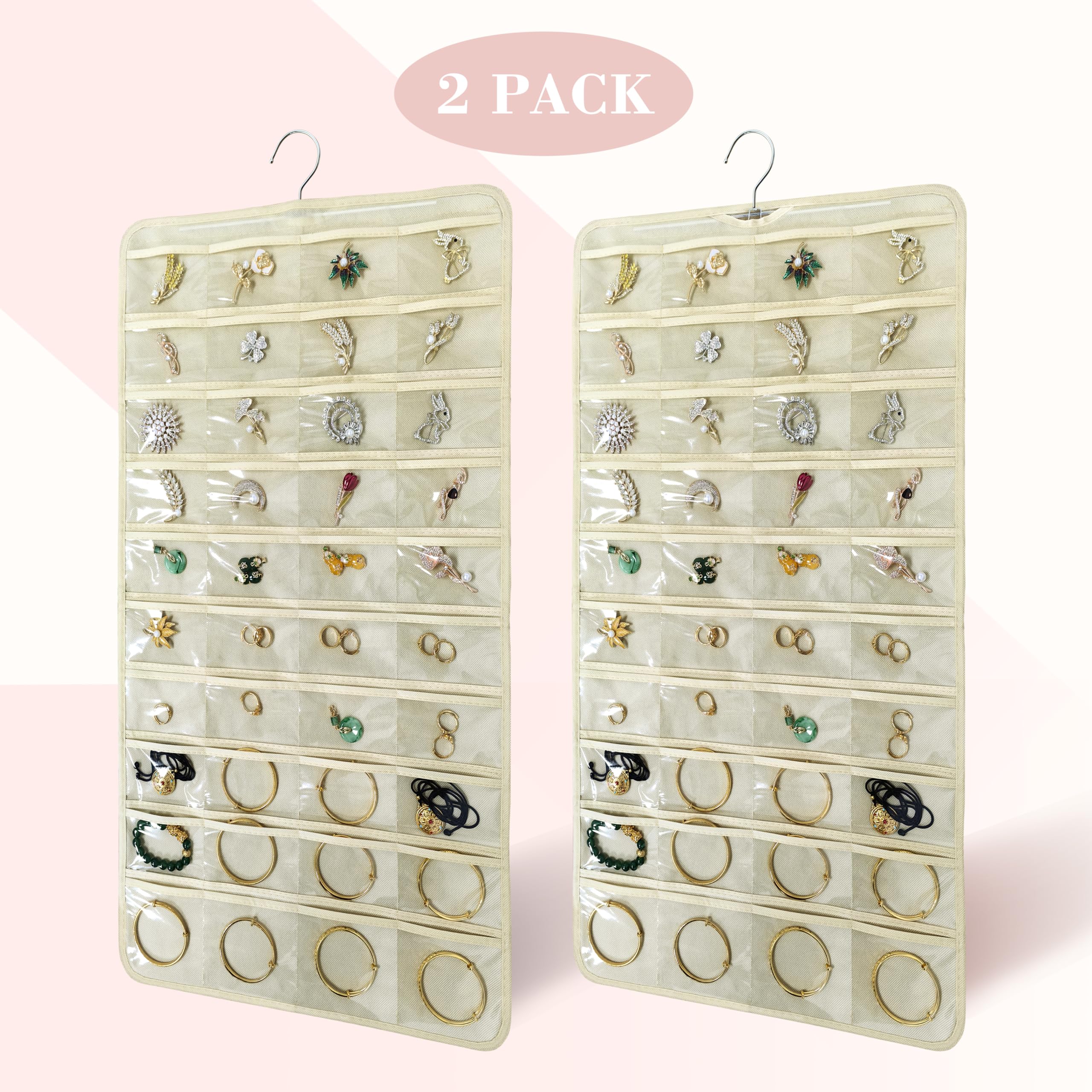 2 Pack (160 Pockets Total) Double-Sided Hanging Jewelry Organizer with Metal Hooks - Wall/Door/Closet Storage for Earrings, Necklaces, Rings - Space Saving Beige Jewelry Holder (2 Pcs) - Perfect for Bedroom, Bathroom & Travel Organization