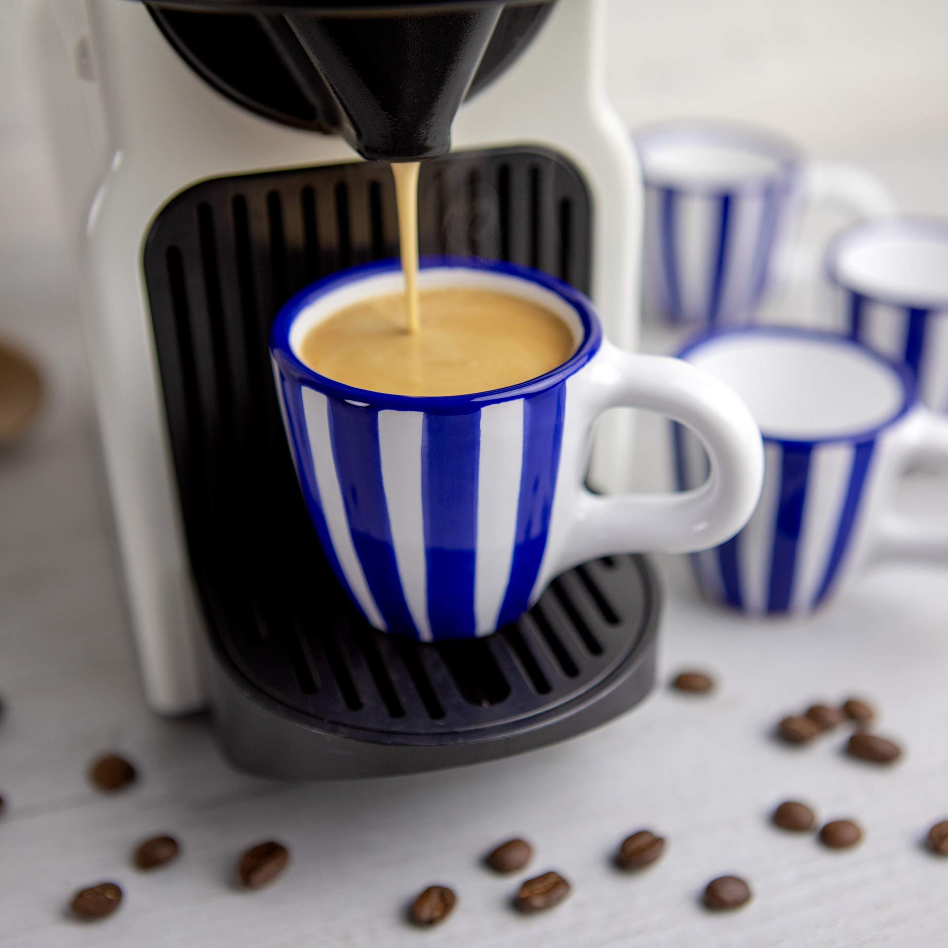 Handcrafted Navy Blue Stripe Ceramic Espresso Cups Set of 4 - Small Demitasse Mugs for Espresso Machines & Coffee Makers | Perfect for Home, Café & Coastal-Themed Kitchens