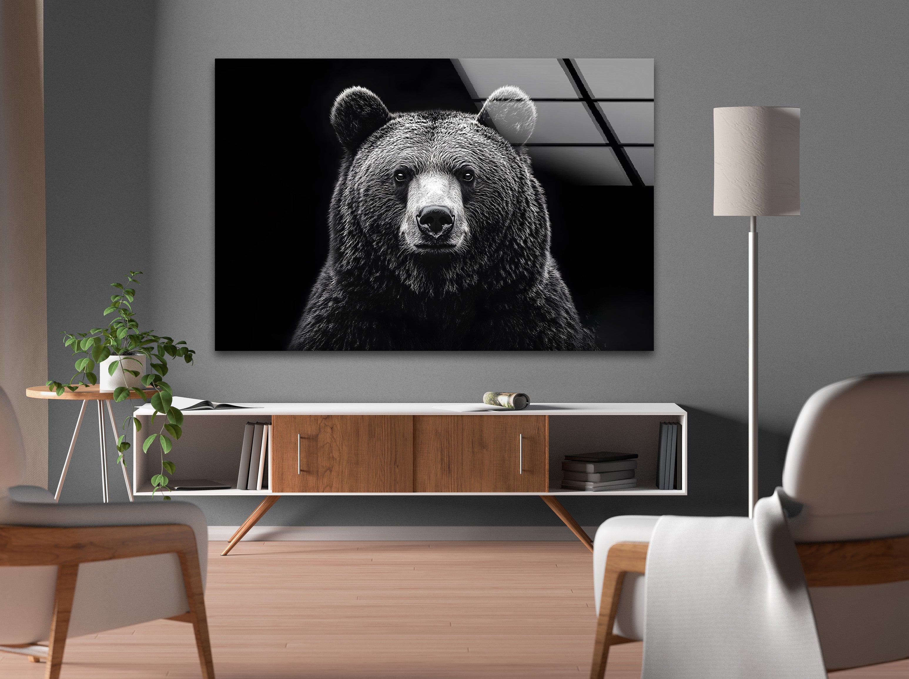 Black and White Bear Wall Art - Modern Animal Design on Glass for Living Room, Bedroom & Office Decor