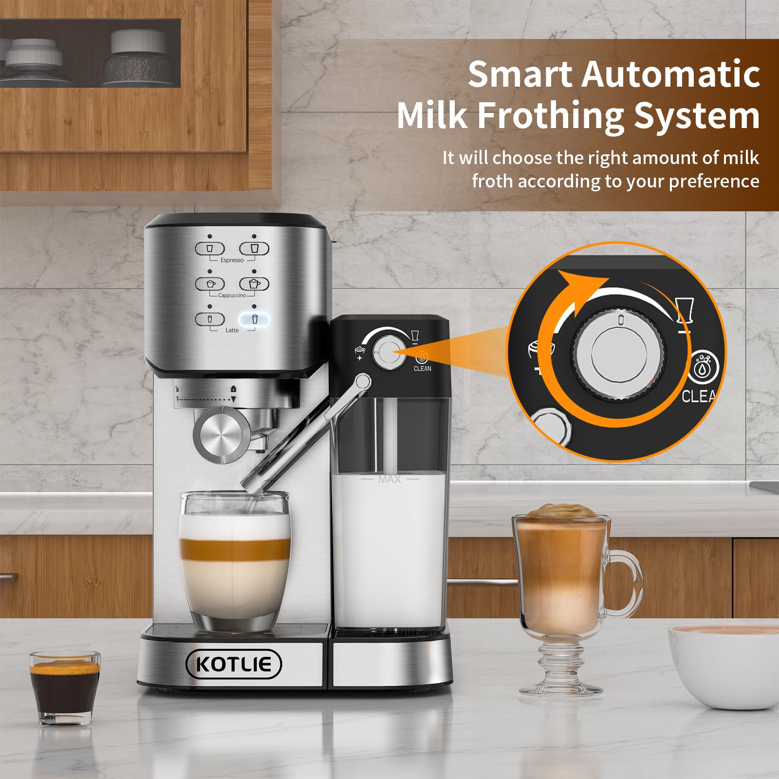 KOTLIE Automatic Espresso Coffee Machine with Milk Frother - 20Bar Pressure, Dual Heat System (1350W & 900W), ESE Pod Compatible for Espresso/Cappuccino/Latte - Perfect for Home, Office & Coffee Shops (120V, Metal)