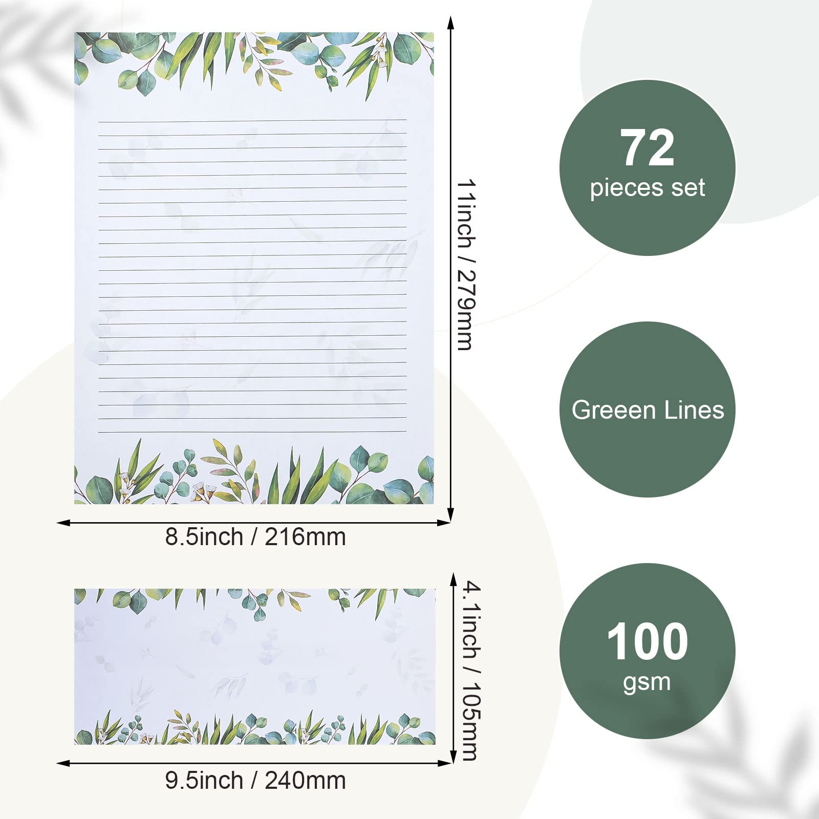 72 Pcs Leaf Theme Stationery Set - 36 Greenery Letterhead Papers & 36 Matching Envelopes - Elegant Lined Writing Paper for Letters, Journals, Thank You Notes - 8.5