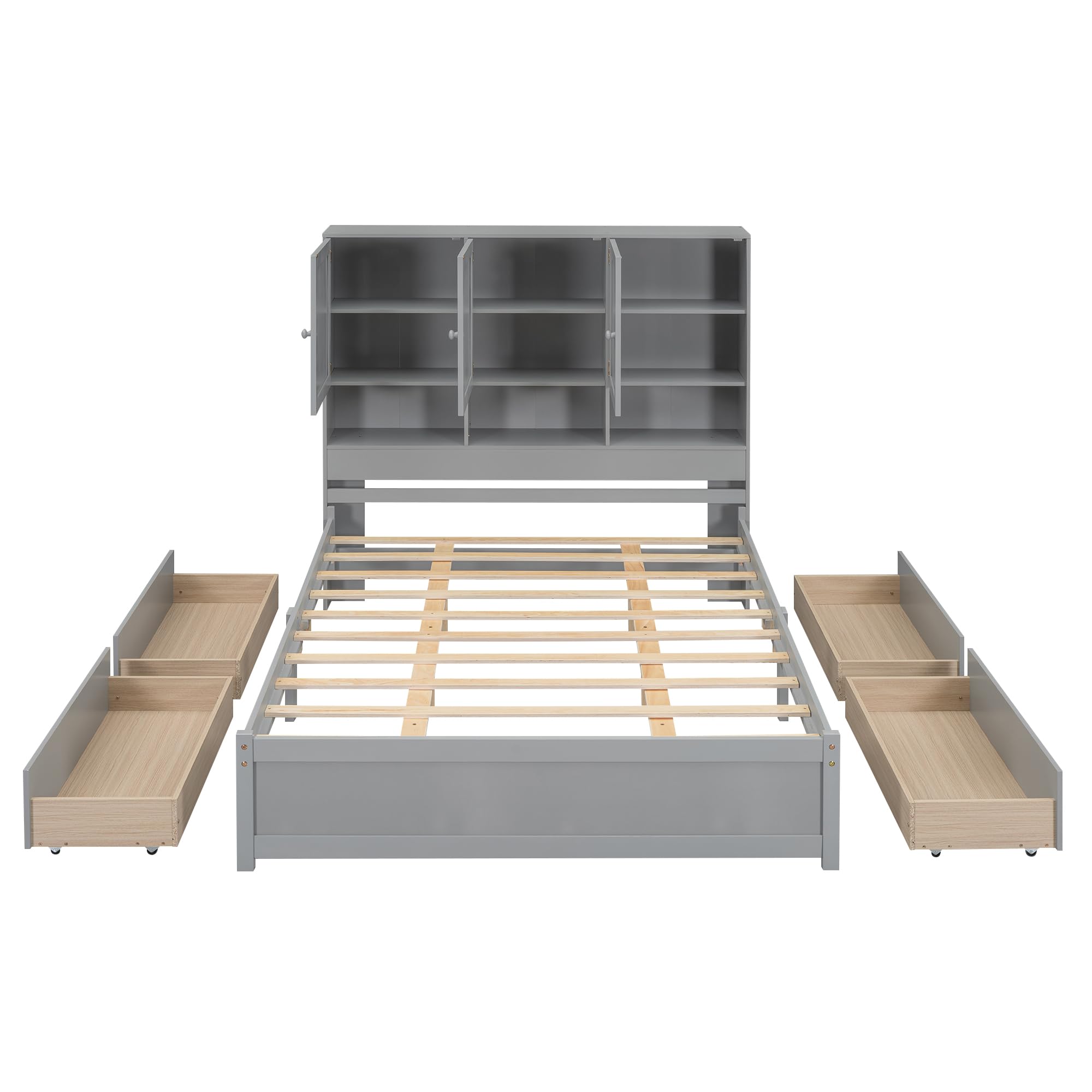 Harper & Bright Designs Queen Size Storage Bed Frame - Solid Wood Platform Bed with Bookcase Headboard & 4 Drawers - No Box Spring Needed - Perfect for Kids, Teens & Adults Bedroom - Modern Gray Furniture for Small Spaces & Dorm Rooms