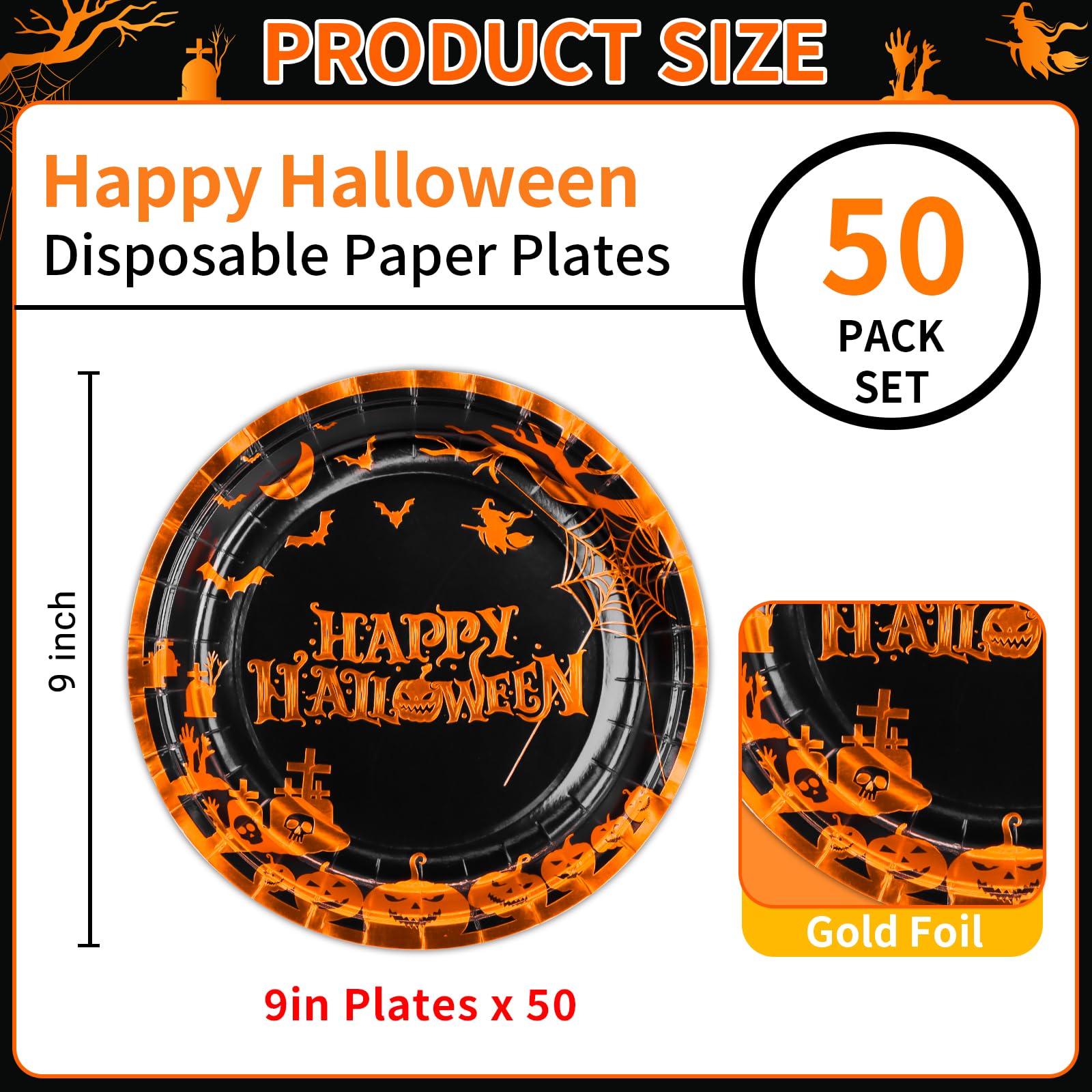 Halloween Party Plates 9 Inch - 50 Pcs Orange Gold Foil Pumpkin Cemetery Bats Disposable Paper Dinner Plates for Halloween Decorations & Party Supplies | Perfect for Spooky Dinner Parties, Trick-or-Treat Events & Haunted House Decor