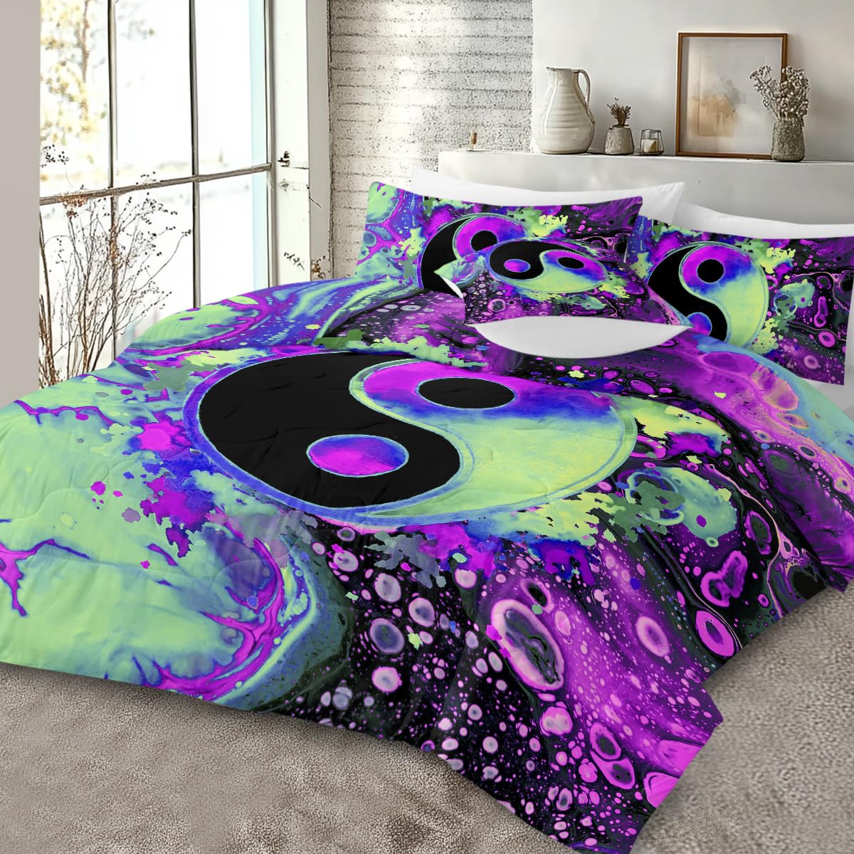 Sleepwish Yin Yang Queen Size Comforter Set - Purple & Turquoise Psychedelic Bedding 4pc with Pillow Cases & Cushion Cover | Boho Chic Bedroom Decor for Teens & Adults