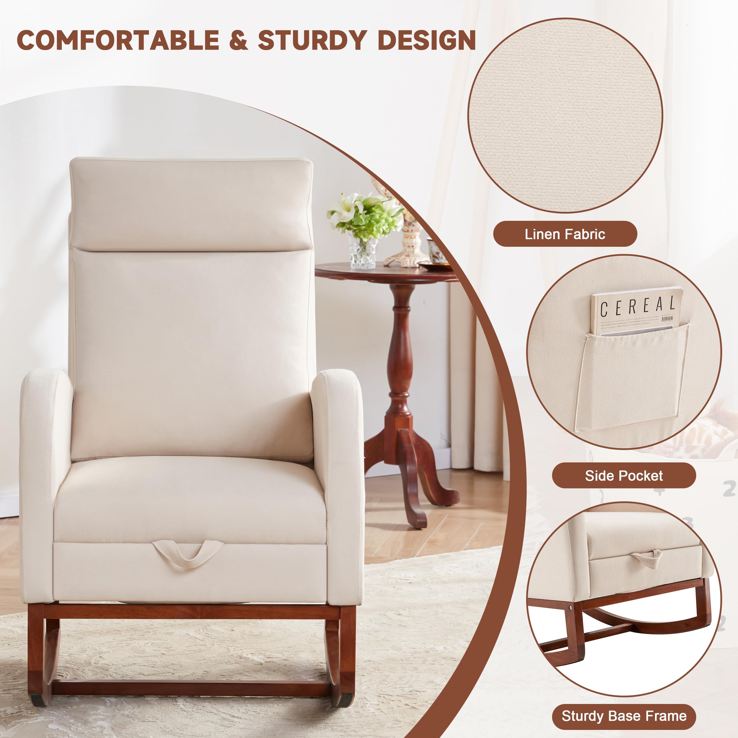 Comfortable Nursery Rocking Chair with Footrest & High Back - Baby Glider Rocker with Storage Pocket - Perfect for Nursing, Nursery & Living Room (Linen Beige) | Ideal for Breastfeeding, Baby Care & Relaxation