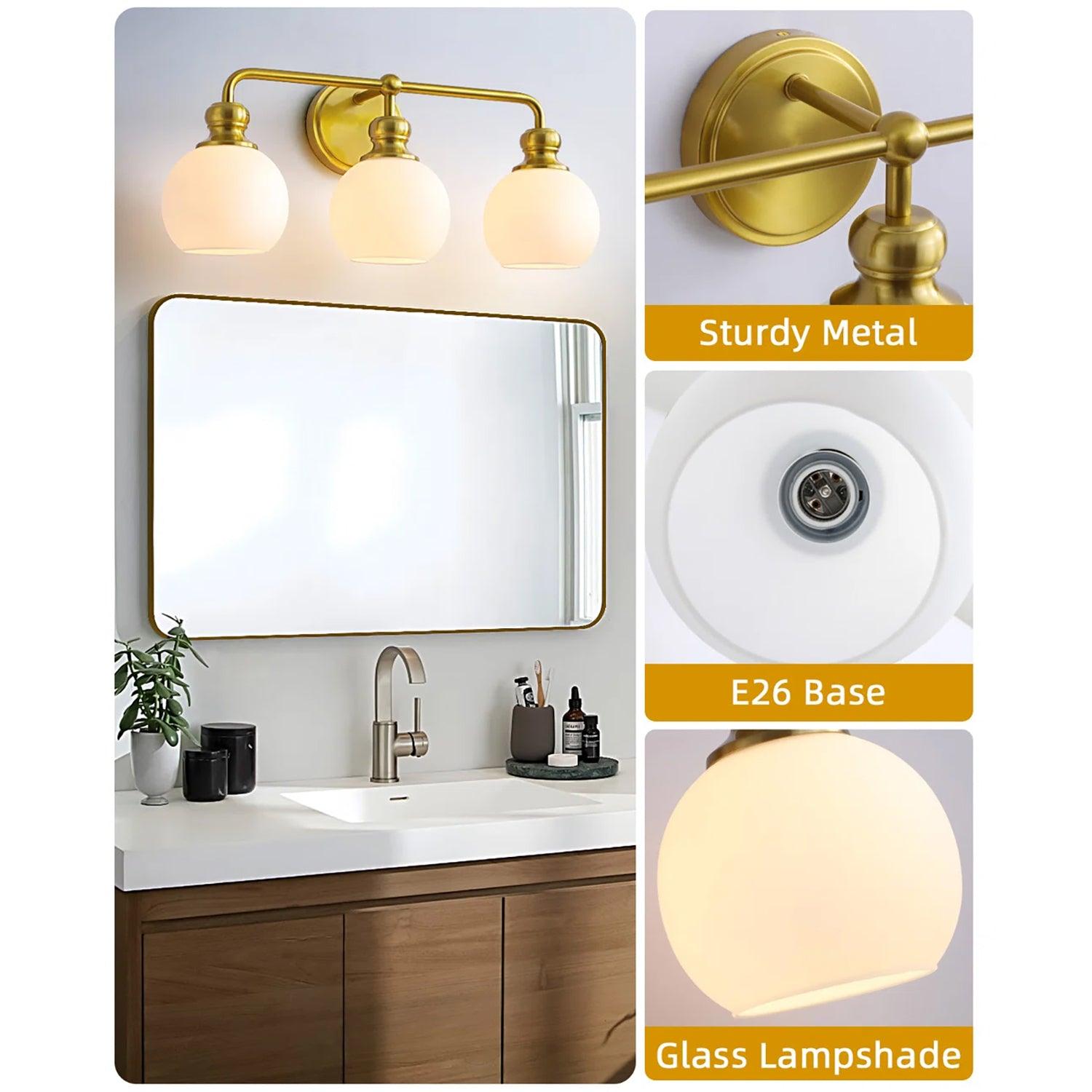 Modern Frosted Glass 3-Light Bathroom Vanity Light in Irvine Gold - Perfect for Master Bath, Powder Room, and Contemporary Home Decor