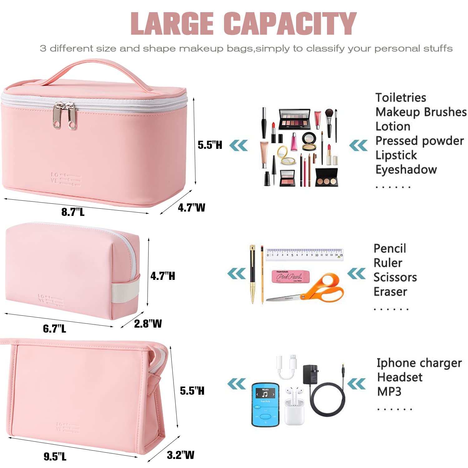 FITINI 3 Pack Waterproof Makeup Bags for Travel - Large Cosmetic Organizer with Brush Holder, Portable Toiletry Pouch Set for Women & Girls (Light Pink) | Perfect for Vacation, Gym & Daily Essentials Storage