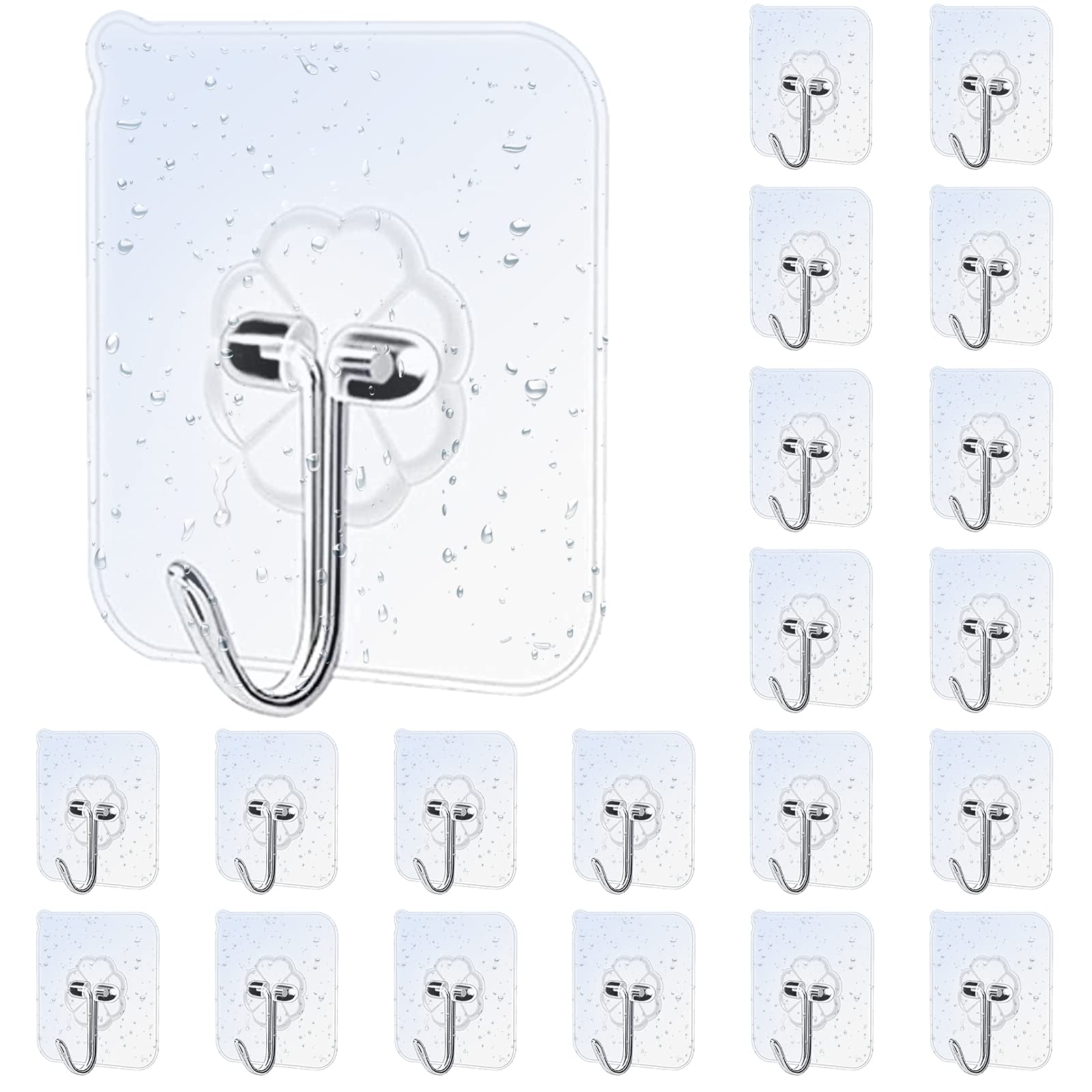20-Pack Heavy Duty Adhesive Wall Hooks - Waterproof & Oilproof for Bathroom & Kitchen - Transparent Coat Hooks & Ceiling Hooks - Holds 33 lbs - Perfect for Hanging Plants, Towels, Keys & Home Organization