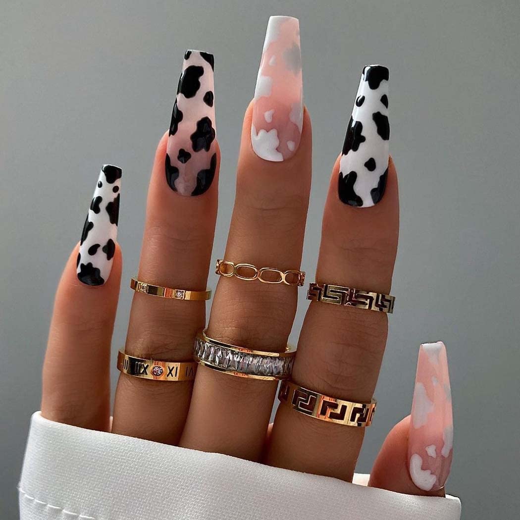 Aksod Long Coffin Press on Nails - Glossy Black Spot Fake Nails, Ballerina Full Cover Acrylic False Nails Tips for Women and Girls (24Pcs) - Perfect for Parties, Weddings, and Special Occasions