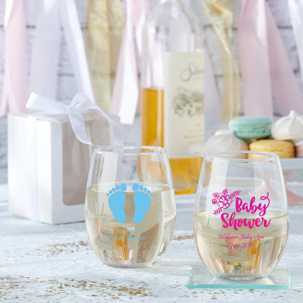 Personalized 15 oz Stemless Wine Glass Set of 204 - Light Blue Custom Drinking Glasses for Baby Shower Party Favors, Wedding Decor & DIY Crafts - Engraved Text Designs for Special Occasions