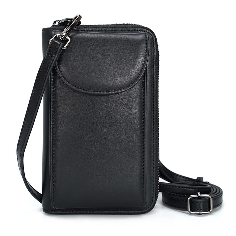 Premium Vegetable-Tanned Leather Phone Card Cash Sling Bag - Slim Crossbody Shoulder Wallet for Men & Women (Black) - Ideal for Travel, Outdoor Adventures & Everyday Carry