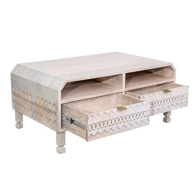 Solid Wood Coffee Table with 4 Drawers & Dust-Proof Storage - White Modern Living Room Furniture for Home & Office Use