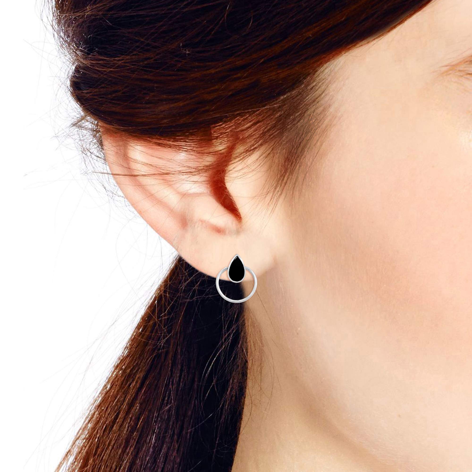 AeraVida .925 Sterling Silver Teardrop Stud Earrings with Simulated Black Onyx Inlay | Elegant Circle Stud Earrings for Women | Perfect for Parties, Weddings & Everyday Wear | Hypoallergenic Jewelry Gift