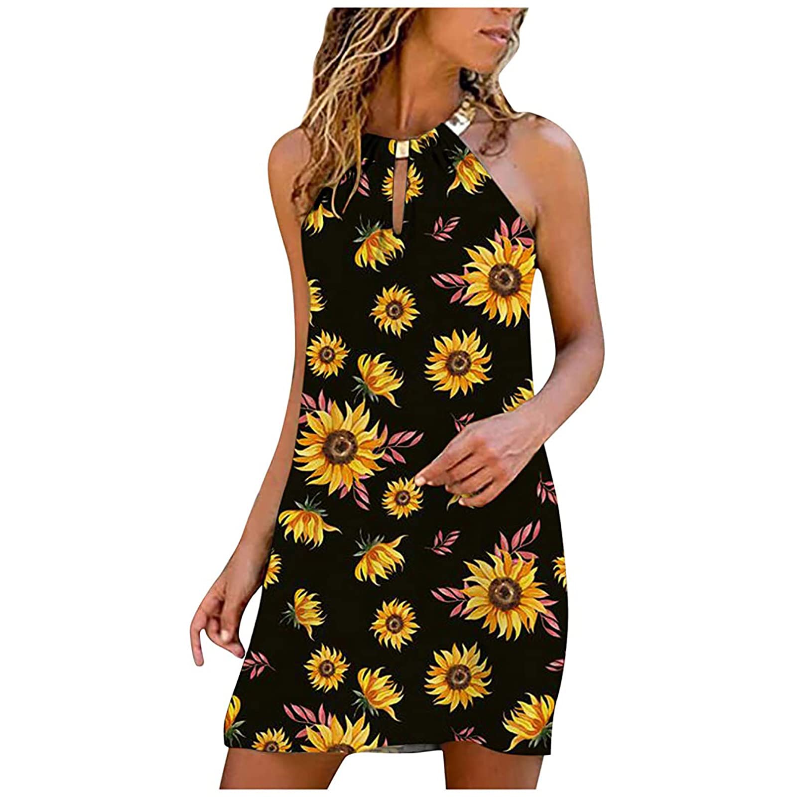 Women's Summer Dresses - Sleeveless Vintage Boho Short Floral Halter Neck Sundress for Beach, Party & Casual Outings