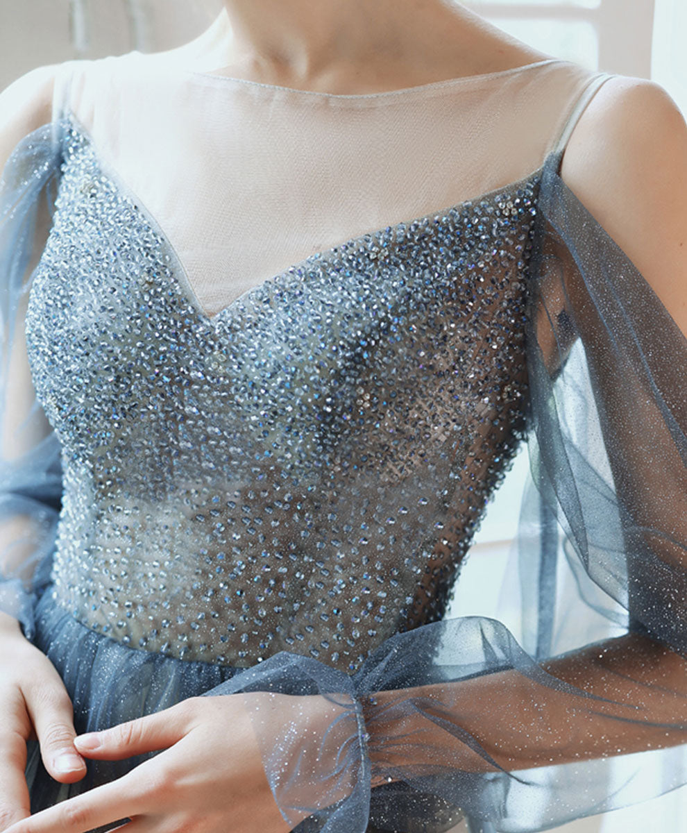 Elegant Blue Tulle Sequin Long Prom Dress for Women - Formal Evening Gown for Homecoming, Ball, Wedding & Special Occasions