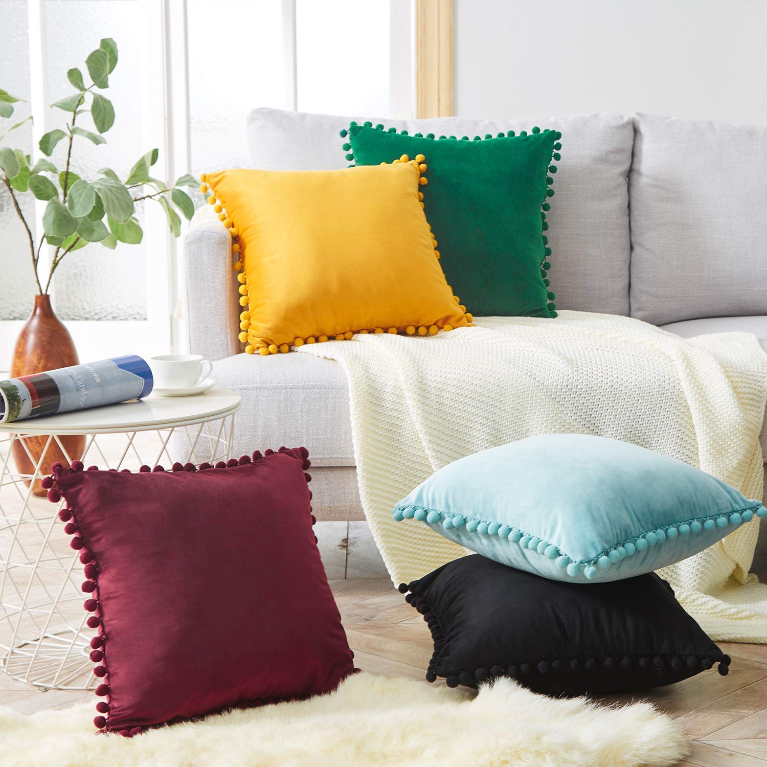 Luxury Velvet Decorative Throw Pillow Covers 20x20 Inch - Soft Black Pillow Cases with Pom Poms, Set of 2 for Couch, Bed, Sofa - Boho Chic Home Decor for Living Room, Bedroom & Office - Perfect for Spring, Easter & Cozy Home Styling