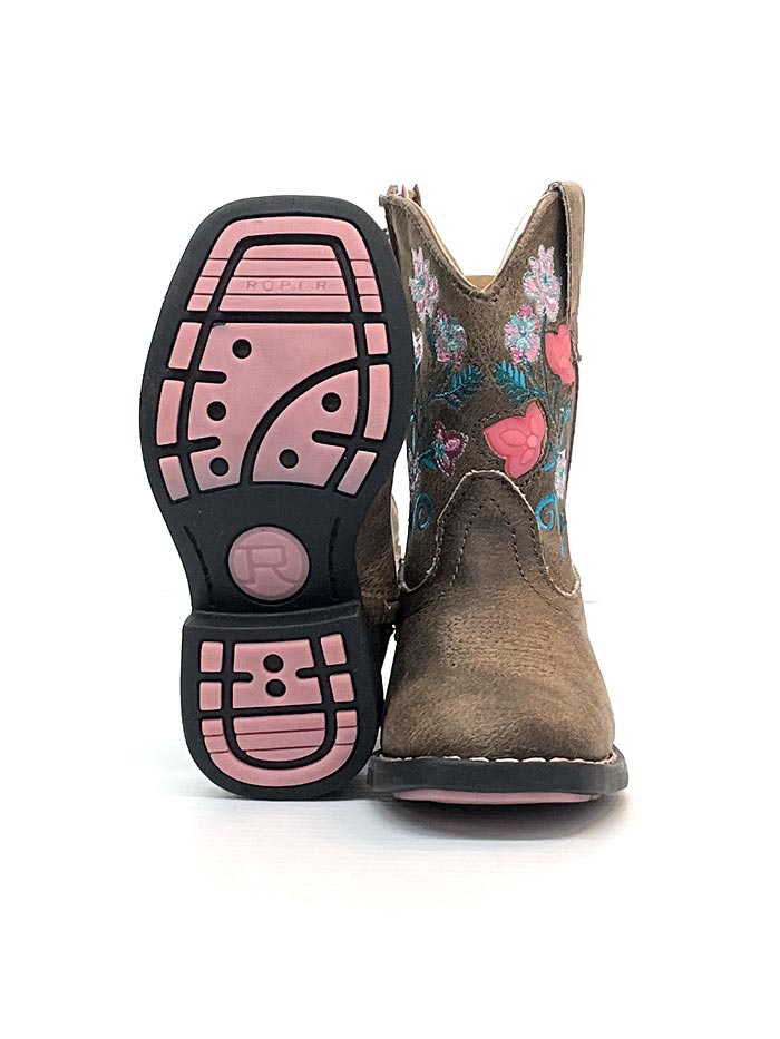 Roper Kids Dazzle Light Up Floral Square Toe Western Boots - Brown Cowgirl Boots for Girls with Flashing Lights | Perfect for Rodeo, Dance Performances & Western Themed Parties