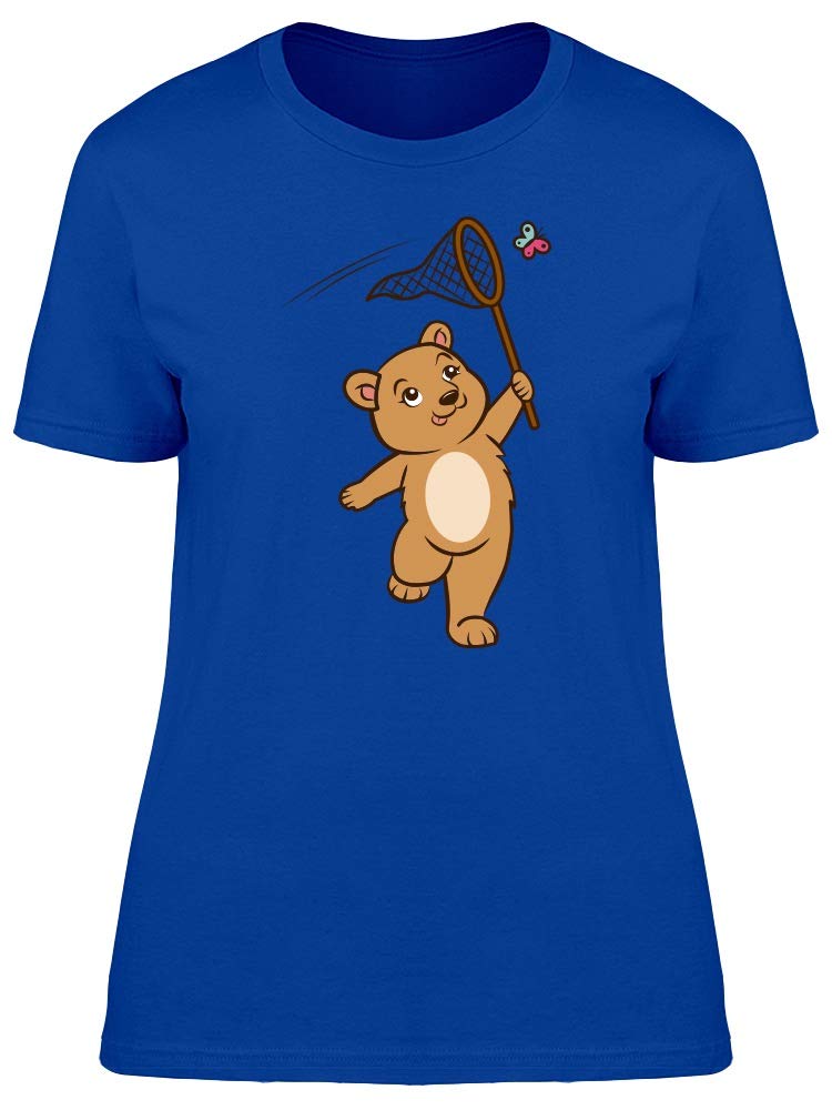 Adorable Bear Catching Butterfly Graphic T-Shirt for Women - Soft Cotton Casual Tee for Summer Outings & Picnic Dates