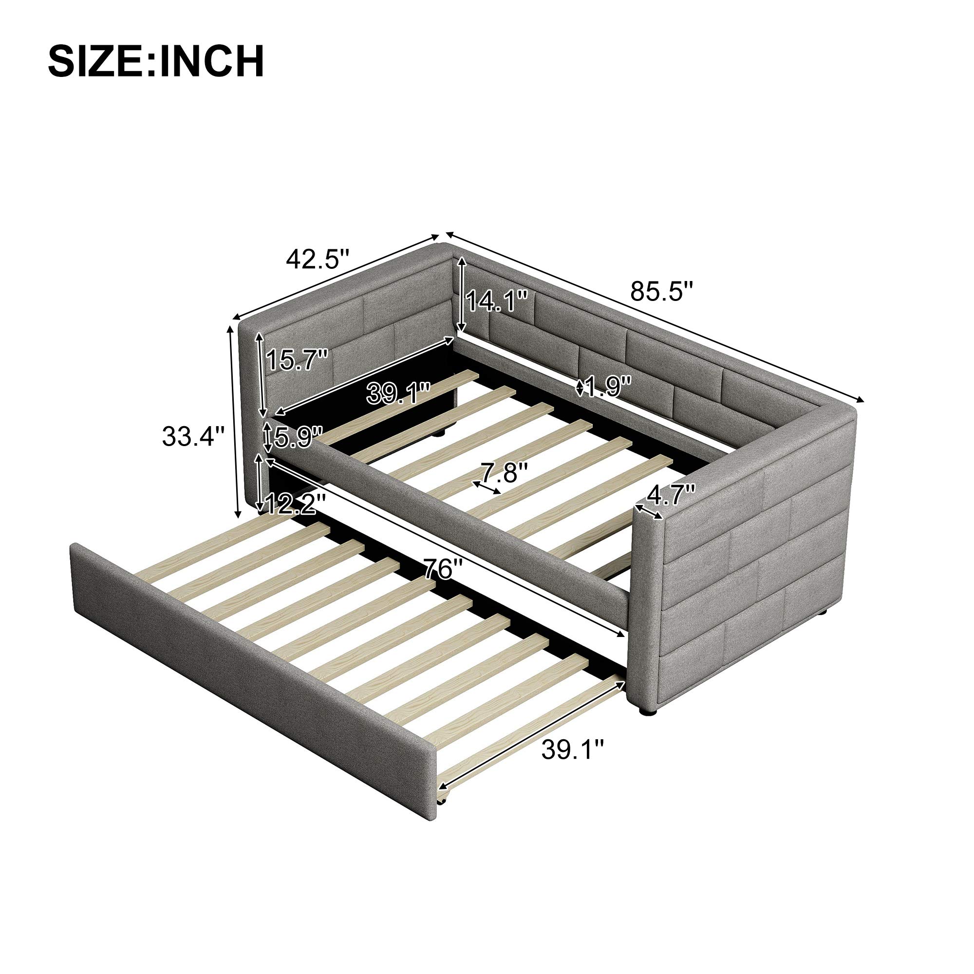 Polibi Twin Size Upholstered Daybed with Trundle - Gray Convertible Sofa Bed with Padded Back & Sides | Perfect for Guest Room, Small Space & Dormitory
