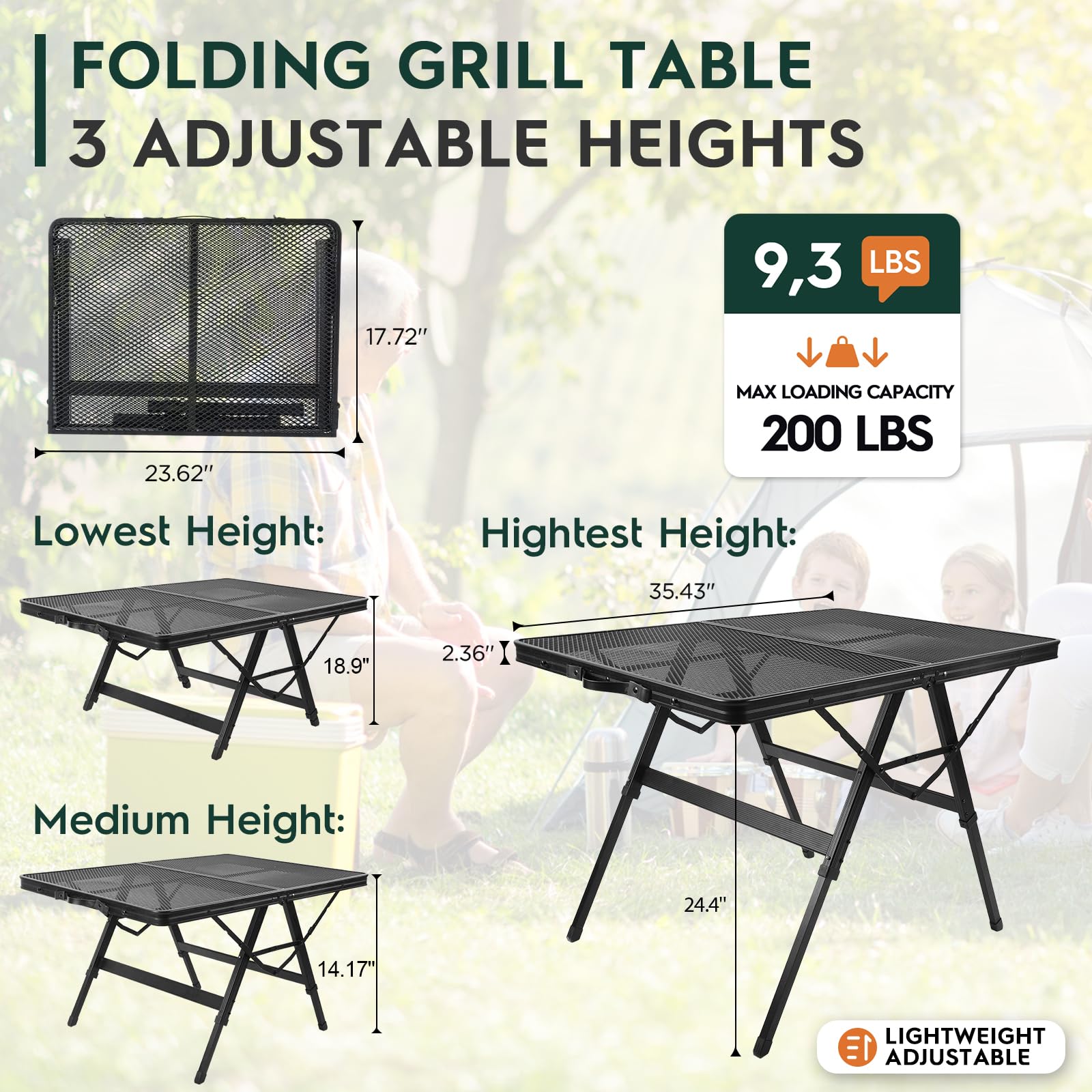 3 FT Folding Grill Table - Portable Adjustable Height Camping Table with Desktop | Lightweight Outdoor Picnic BBQ Table for Backyard, Tailgating & Beach Parties