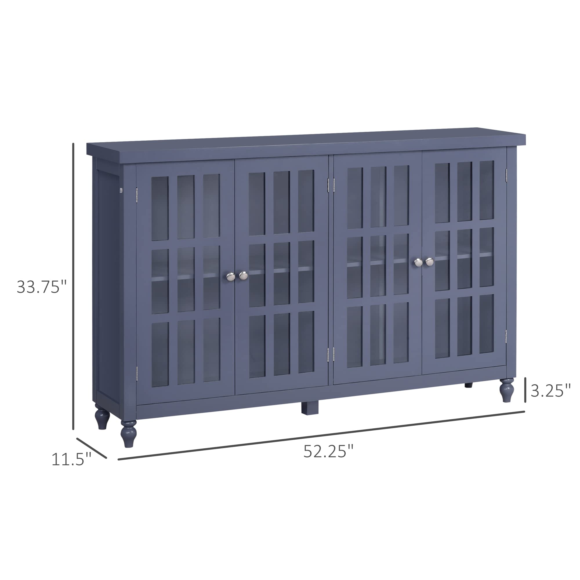 HOMCOM Gray Sideboard Buffet Cabinet with 4 Tempered Glass Doors, Stripe Pattern & Adjustable Shelves - Modern Credenza for Dining Room Storage & Living Room Organization