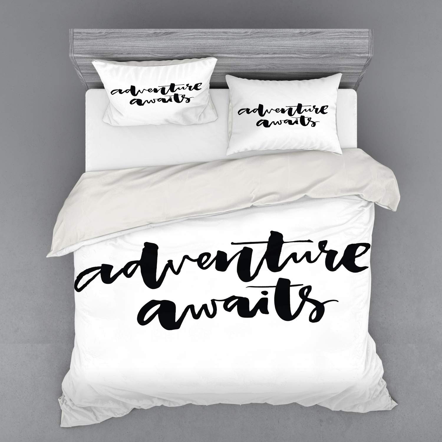 Ambesonne Adventure Duvet Cover Set - Inspirational Travel & Life Quotes 'Adventure Never Stops' Theme - 4 Piece King Size Bedding Set with Shams & Fitted Sheet in Black & White - Perfect for Wanderlust Bedrooms & Travel-Themed Decor