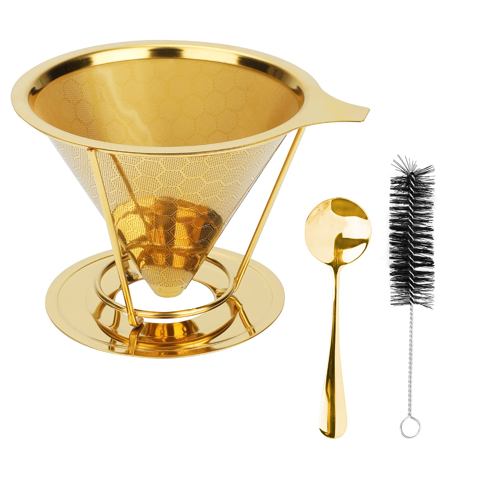 Premium Stainless Steel Pour Over Coffee Dripper - Reusable Paperless Coffee Filter for 1-4 Cups | Slow Drip Cone Brewer with Removable Stand, Spoon & Cleaning Brush (Gold) | Perfect for Home, Office & Camping Coffee Brewing