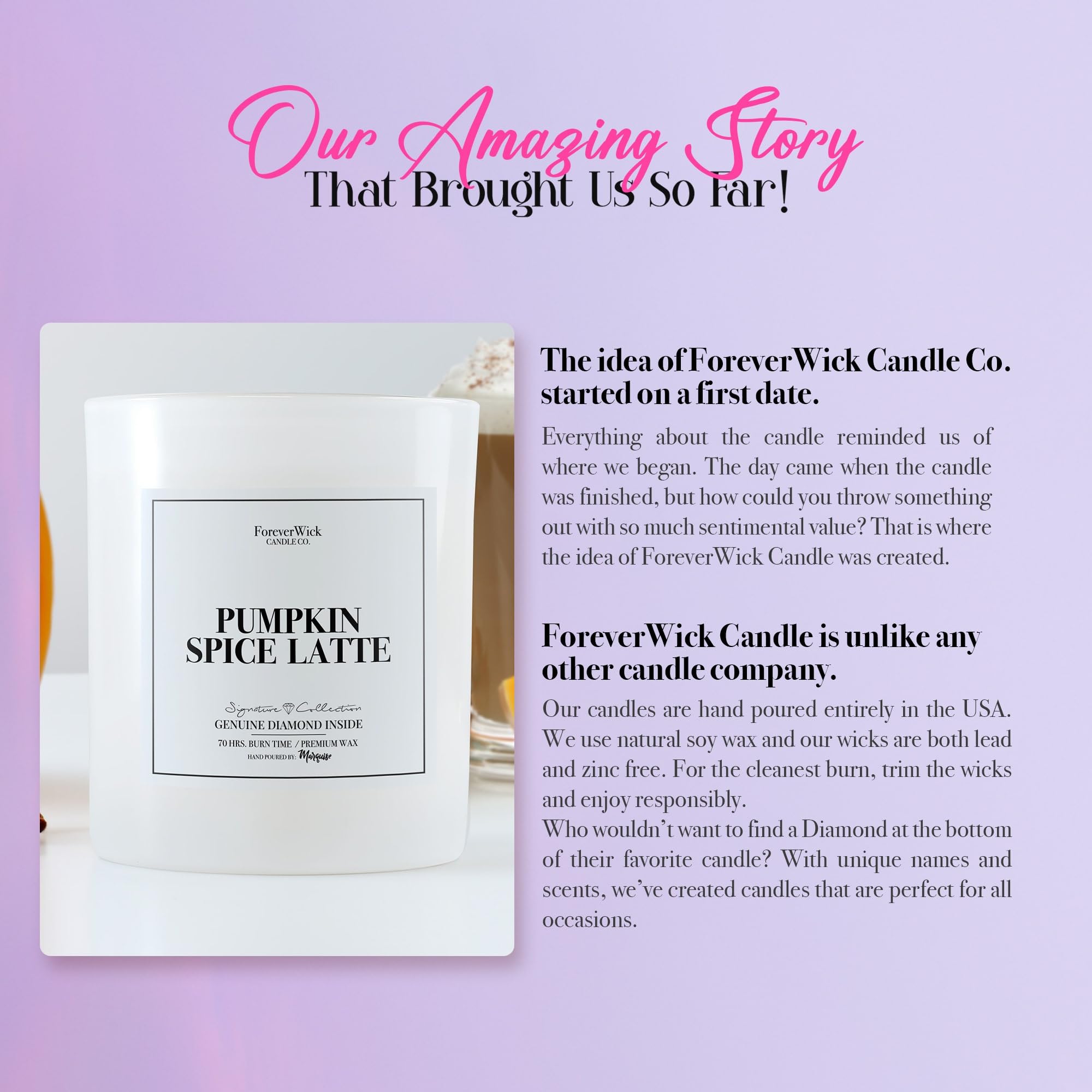 Foreverwick All-Natural Pumpkin Spice Latte Scented Soy Candle with GIA-Certified Diamond Inside - 14oz Aromatherapy Gift for Women (70-Hour Burn Time) | Perfect for Cozy Fall Evenings, Romantic Dinners & Spa Relaxation