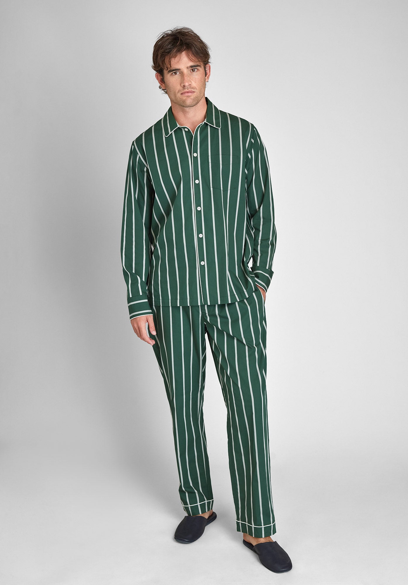 Henry Pajama Set for Men - Soft Sateen Striped Sleepwear in Hunter Green & Cream | Comfortable Lounge Pajamas for Relaxing at Home or Travel