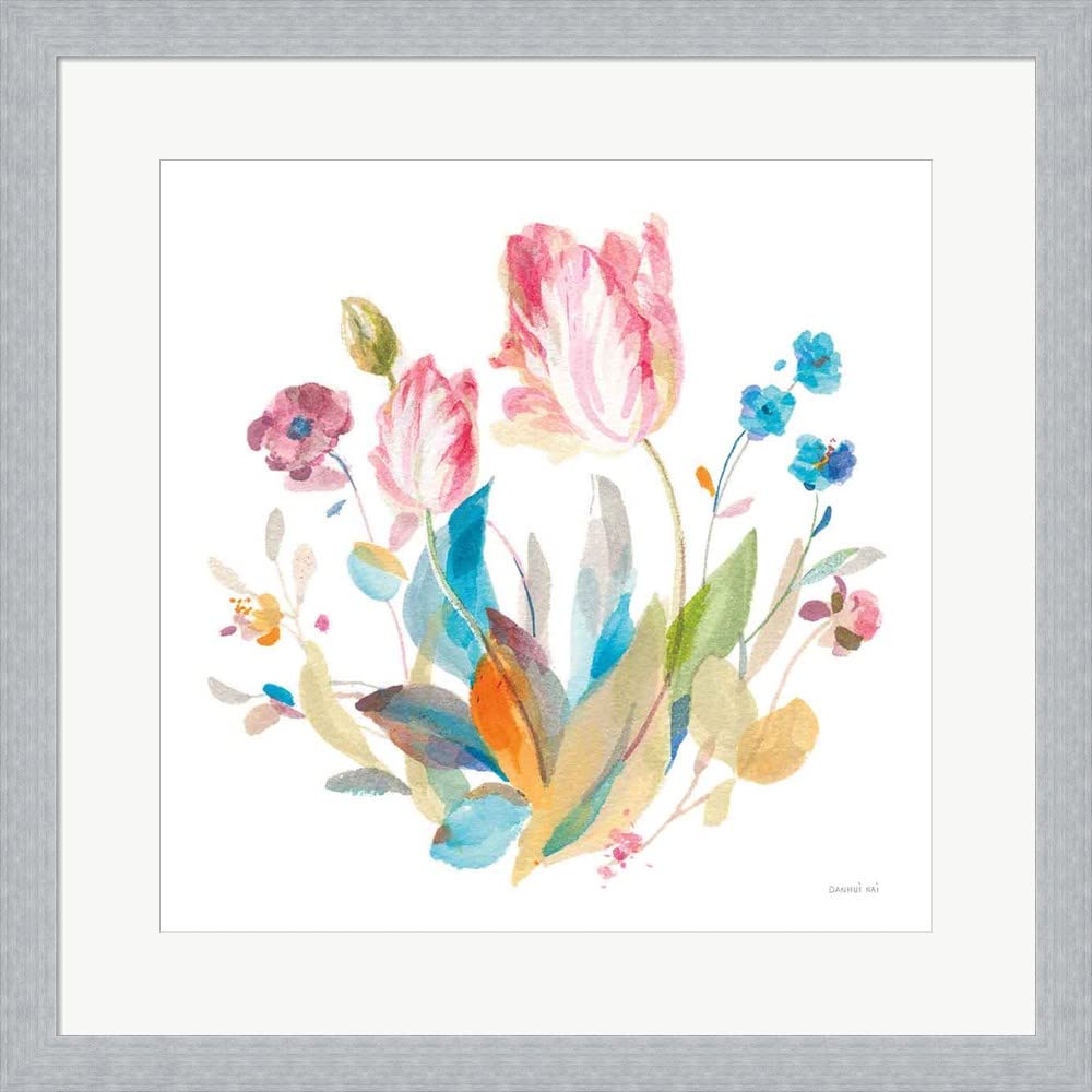 Danhui NAI Spring Tulips II Framed Art Print - 19x19 Inches Slim Silver Frame Wall Decor for Living Room, Bedroom & Office