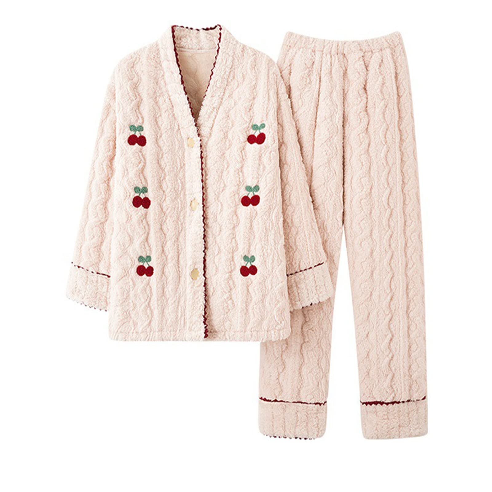 Women's Flannel Pajama Set - Soft Long Sleeve Solid Color Sleepwear with Cute Cartoon Print | Cozy Winter Loungewear for Home, Sleepovers & Relaxation