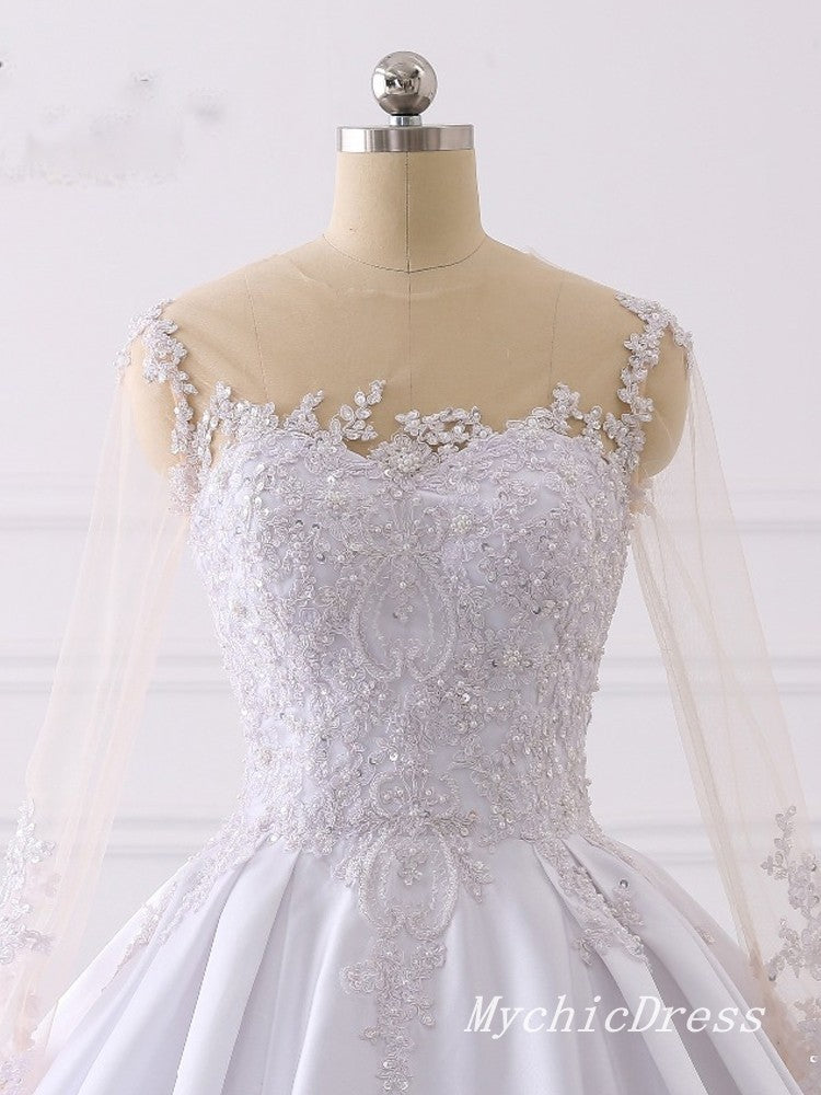 Elegant A-Line Lace Applique Satin Wedding Dress with Long Sleeves & Button Back - Perfect for Bridal Ceremony, Formal Events & Photoshoots