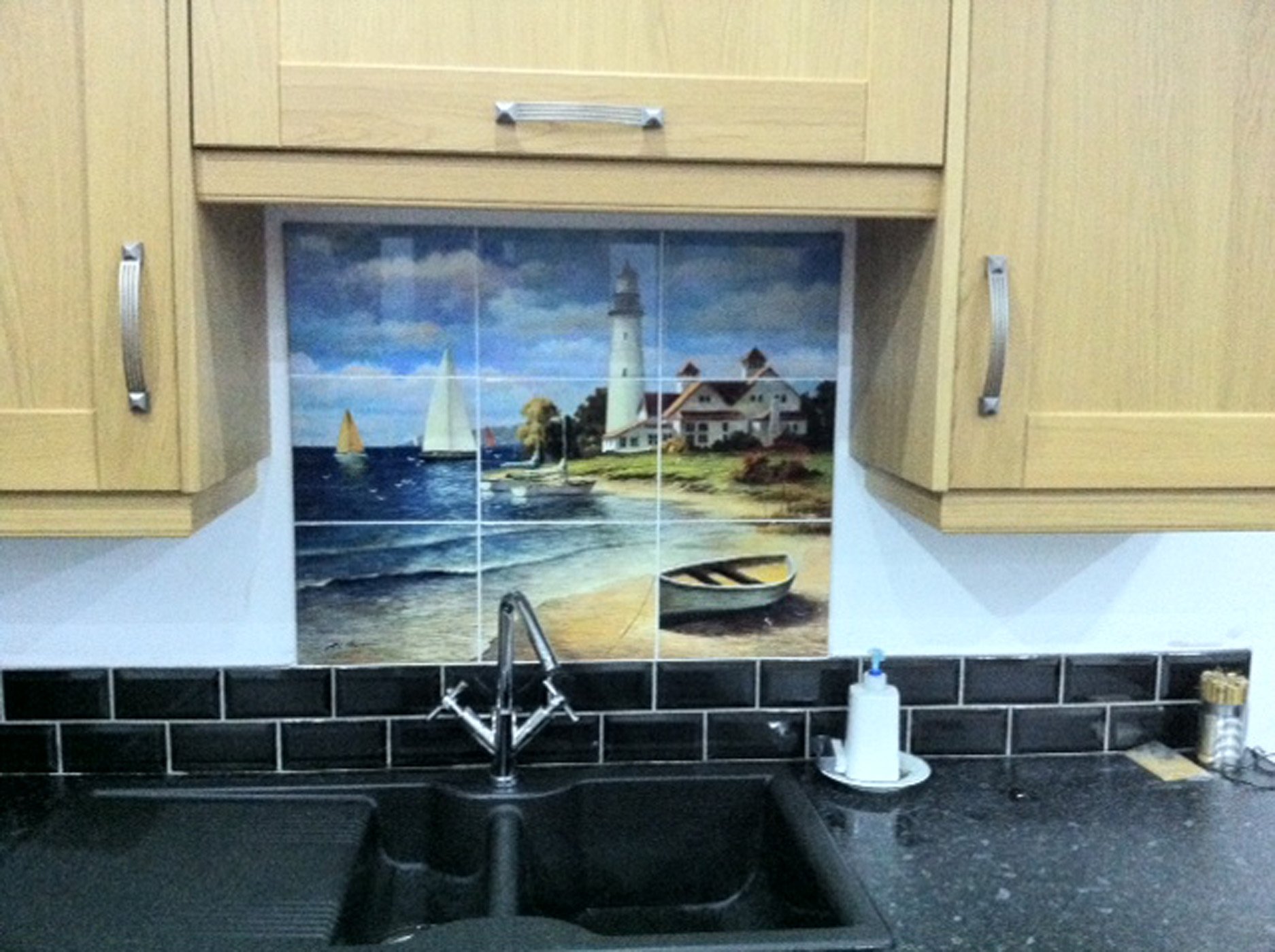 Nautical Ceramic Backsplash Tile Mural - Sailing Ship & Lighthouse Design for Kitchen, Bathroom & Shower - Sailing The Safe Harbor by T.C. Chiu - Perfect for Coastal, Beach House & Nautical Theme Decor