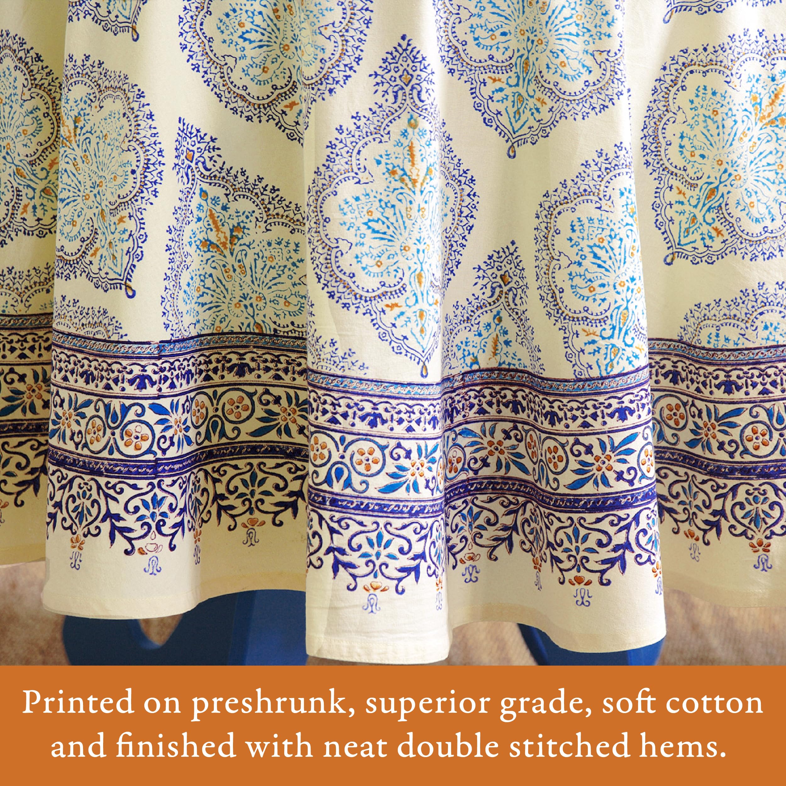 Hand Block Printed Round Tablecloth - 100% Cotton Luxurious Washable Pale Yellow Morning Dew Design for Home Decor, Kitchen, Coffee & Dining Table (90 Inch) - Perfect for Dinner Parties, Brunch Gatherings & Everyday Elegance