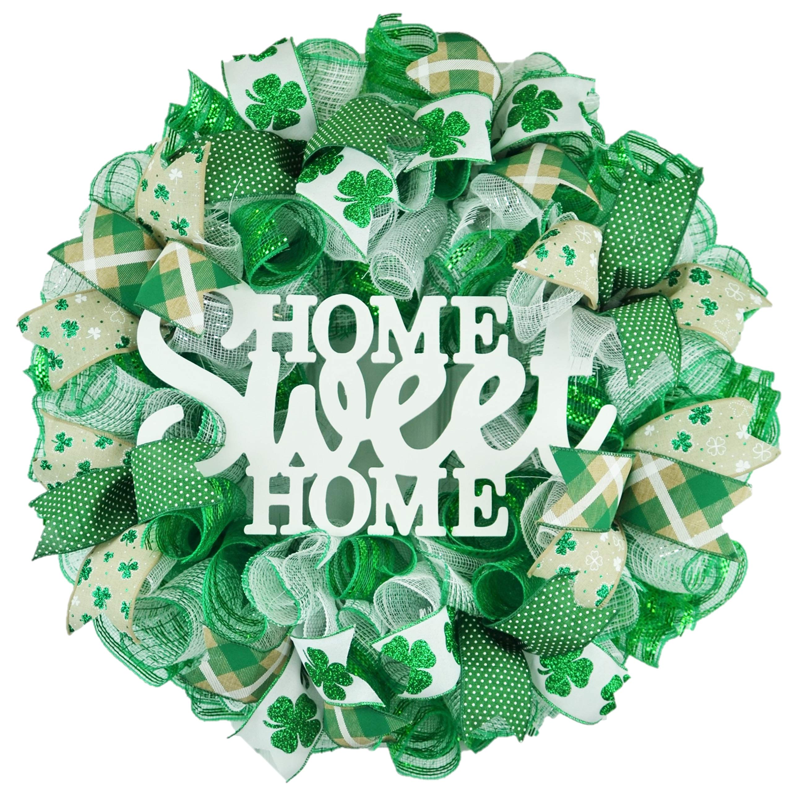 St. Patrick's Day Wreath - Green & White Clover Shamrock Door Hanging Decor for Home - Perfect for Front Door, Wall, Party & Festival Decoration
