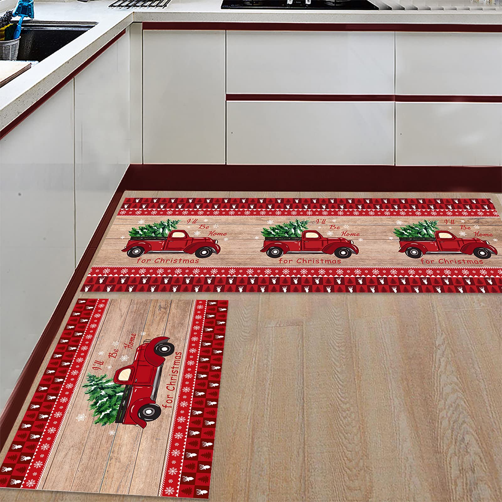 Premium Anti-Fatigue Kitchen Floor Mats Set of 2 - Non-Slip Waterproof Cushioned Standing Mats for Comfort - Red Christmas Design (15.7