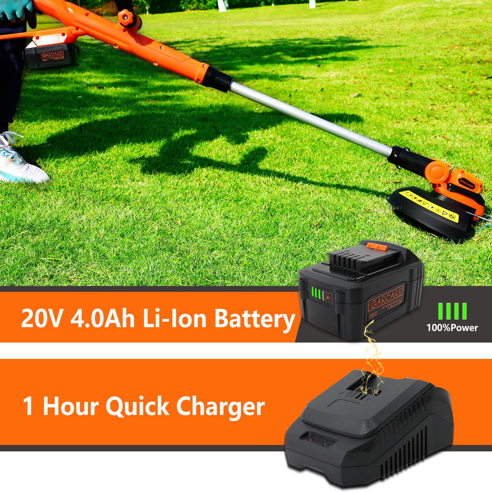 GARCARE 20V Cordless String Trimmer & Edger - 4.0Ah Li-ion Battery with 1 Hour Fast Charger, 25CM Cutting Width - Perfect for Lawn Care, Yard Maintenance, and Garden Trimming