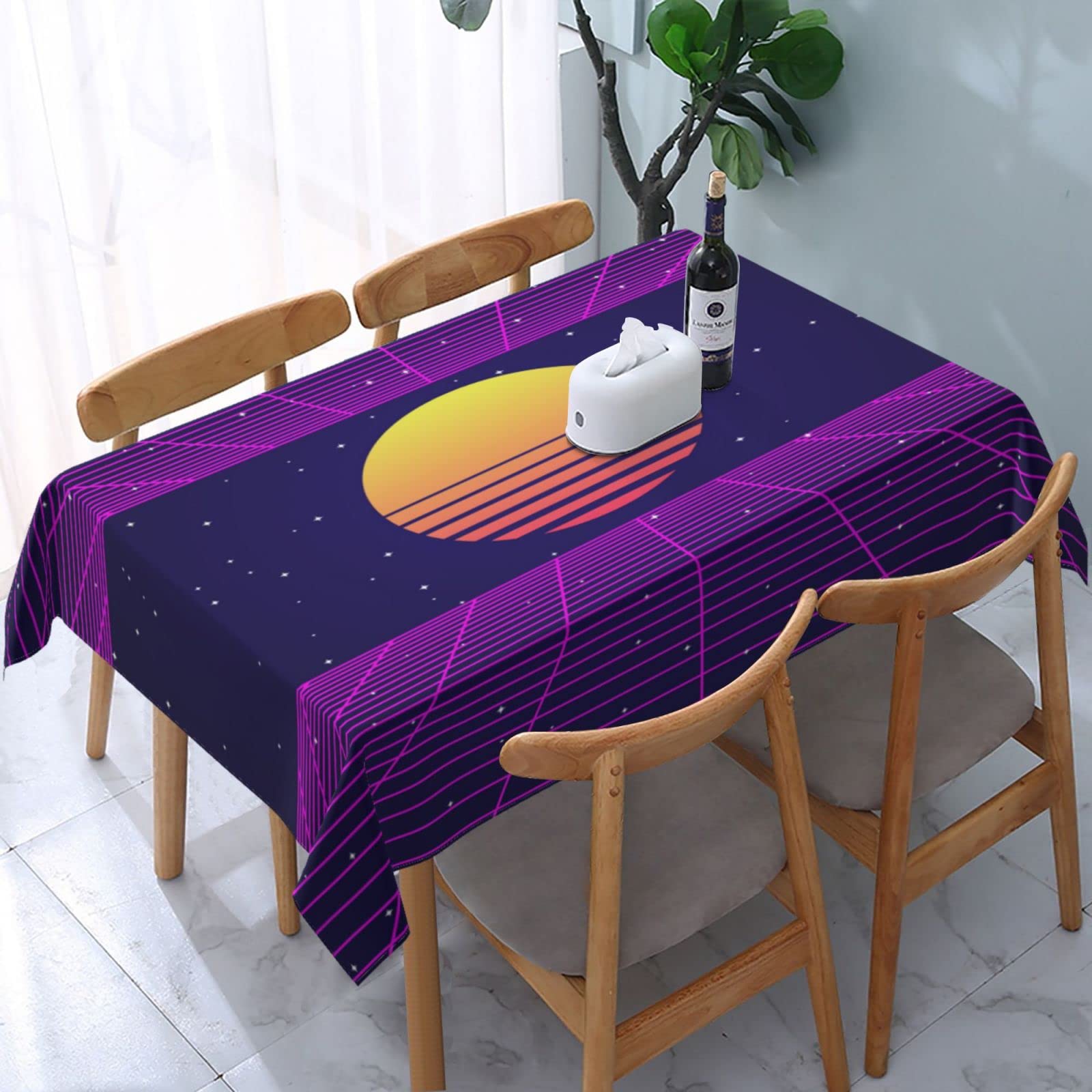 Retro Vintage 80s Purple Geometric Abstract Vaporwave Tablecloth - 54 x 72 Inch Waterproof Wrinkle-Resistant Kitchen Table Cover for Dining Room, Party & Outdoor Picnic Use