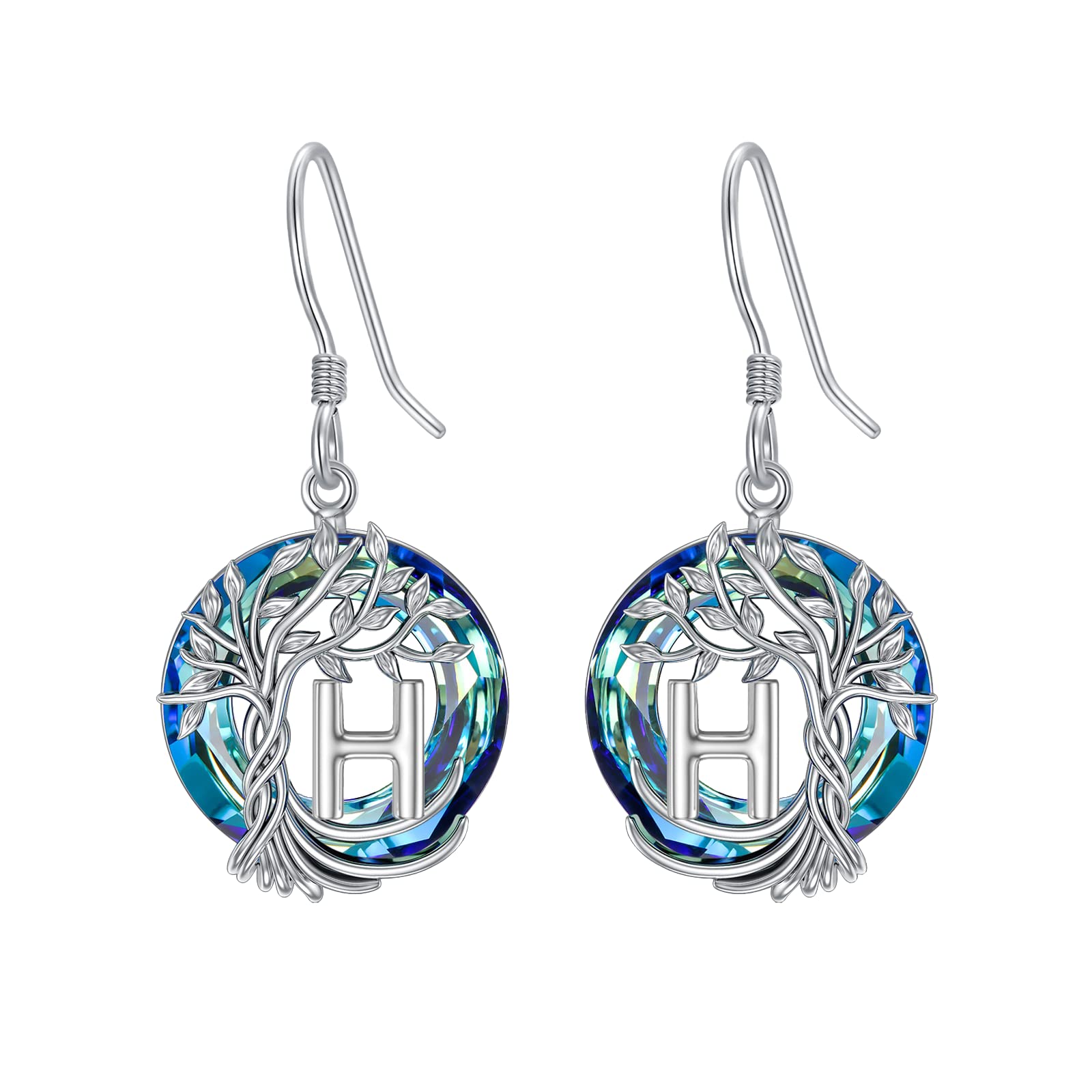TOUPOP Tree of Life Initial Earrings - 925 Sterling Silver A-Z Letter Drop Dangle Earrings with Blue Circle Crystal, Valentine's Day, Anniversary & Birthday Gifts for Women, Her, Girlfriend & Mom | Perfect for Everyday Wear, Date Nights & Special Occasions
