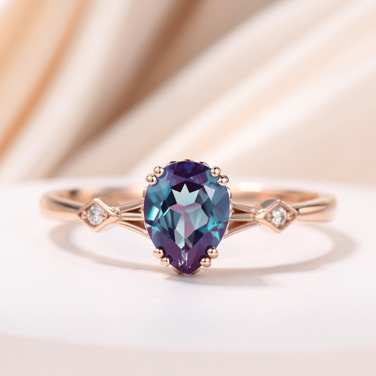 14K Rose Gold Three Stone Pear Shaped Alexandrite Engagement Ring - Minimalist Square Accent Wedding Band for Women | Perfect for Proposals, Anniversaries & Special Occasions