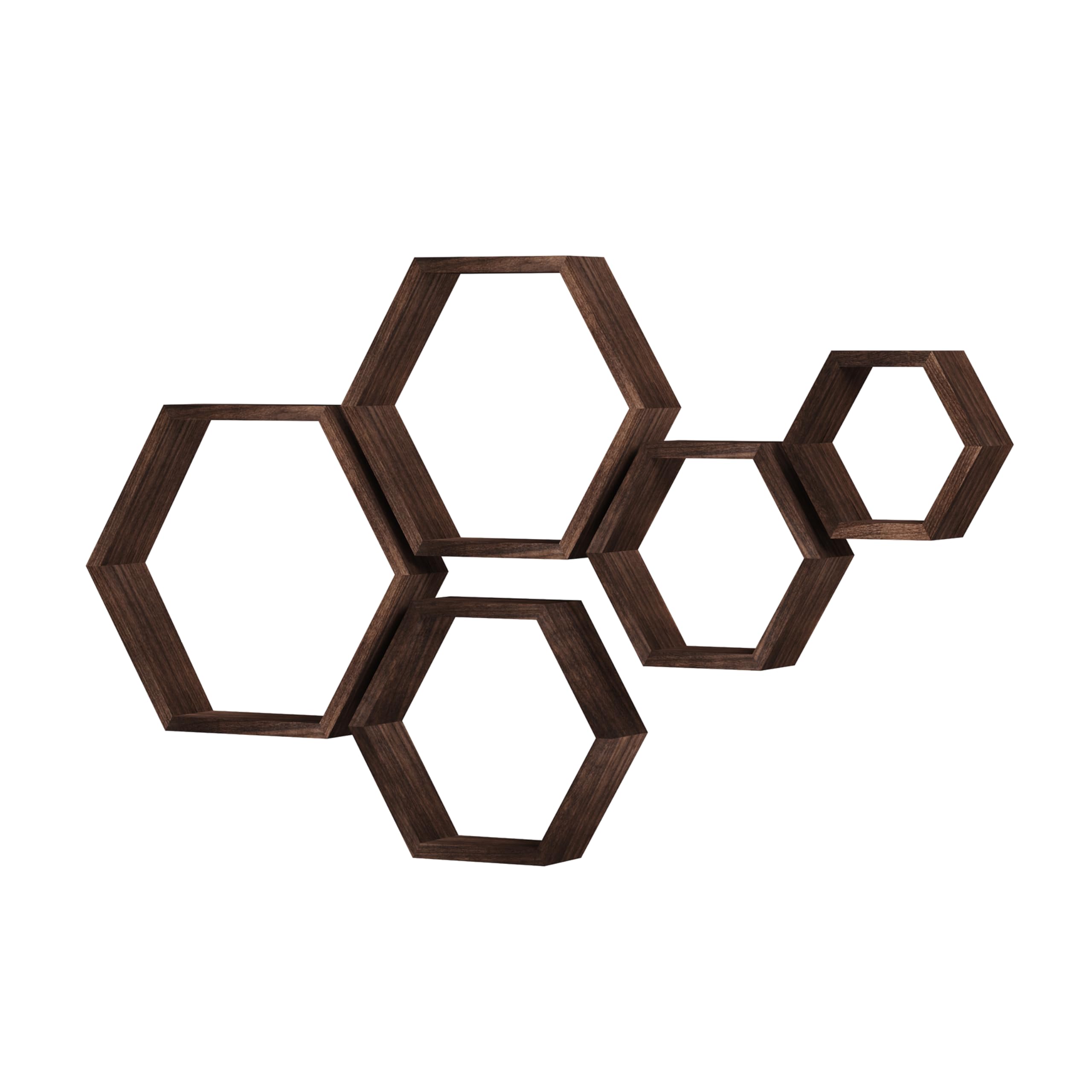 Hexagon Floating Shelves Set - Honeycomb Wall Mounted Wood Shelves for Bathroom, Kitchen, Bedroom & Living Room - Farmhouse Storage Shelf with Driftwood Finish - Dark Brown Home Decor - Perfect for Displaying Plants, Photos & Decorative Items