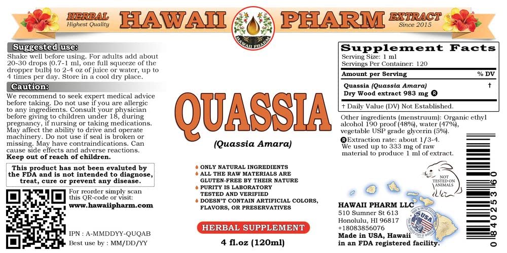 Quassia Liquid Extract - Quassia Amara Herbal Tincture Supplement | Natural Digestive Support & Bitter Tonic | Made in USA by Hawaii Pharm | 4 fl.oz (Pack of 4) | Perfect for Herbal Remedies, Digestive Health & Detox Support