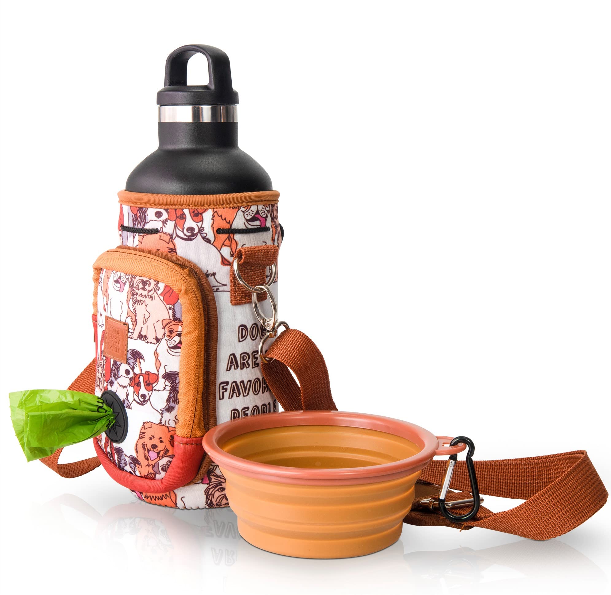 **Premium Adjustable Dog Water Bottle Carrier with Padded Shoulder Strap & Waste Bag Pocket – Large 32oz Insulated Hydration Pack with Detachable Bowl for Hiking, Walking & Outdoor Adventures (Brown, Pet Lover Gift)**