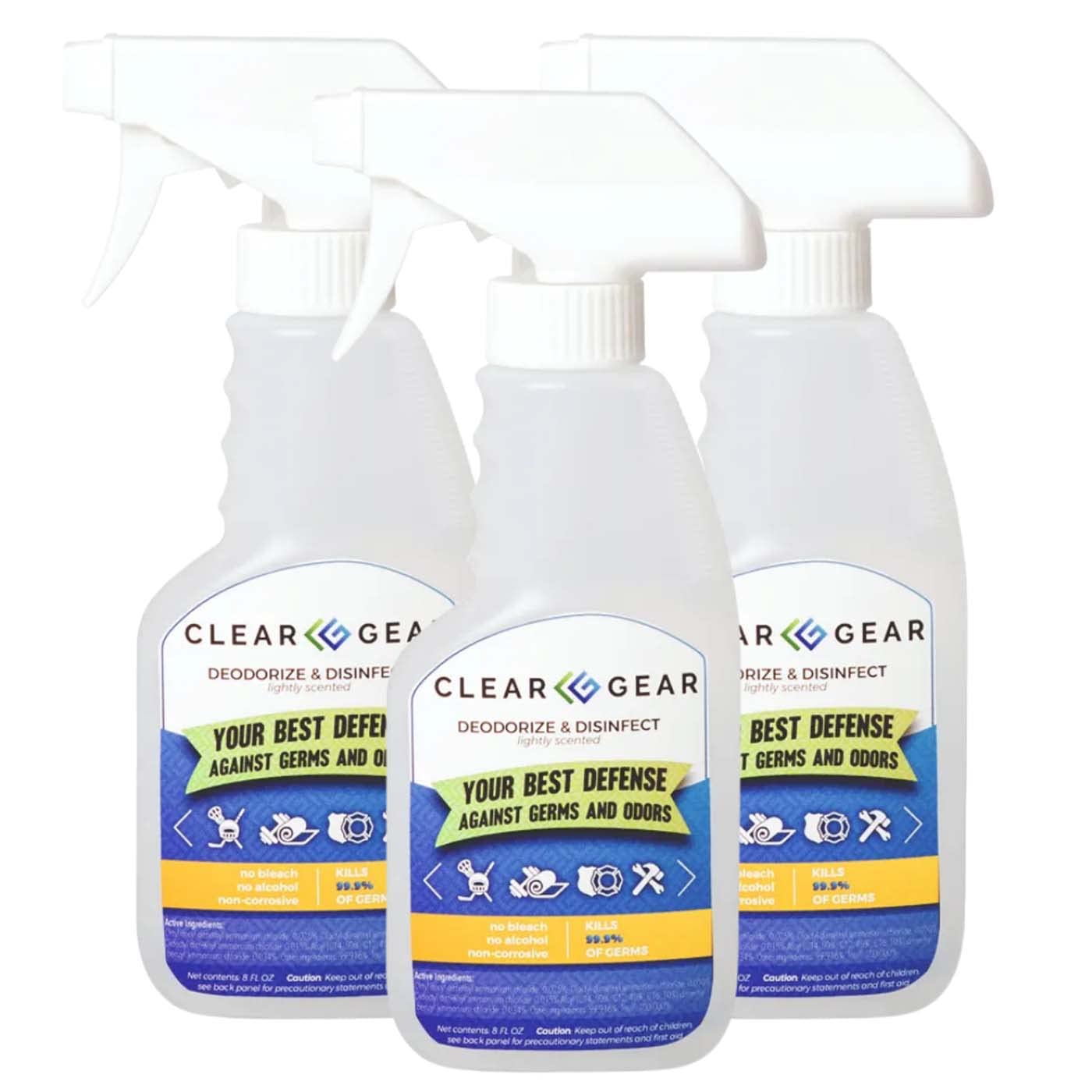 Clear Gear Disinfecting Spray 3-Pack (8oz Bottles) - EPA Approved Disinfectant, Cleaner & Deodorizer for Sports Equipment, Face Masks & Gym Facilities - Ideal for Athletes, Healthcare & School Use