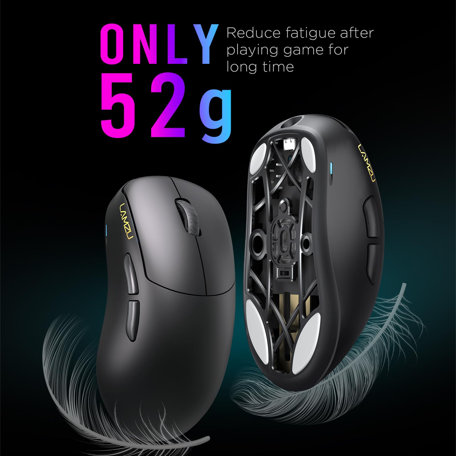Lamzu Thorn Wireless Gaming Mouse - Ultra Lightweight 52g, Optical Switches, 26000 DPI, Ergonomic Design, Nordic 52840 MCU, PAW3395 Sensor - Black (Perfect for FPS, MOBA & Esports Gaming)