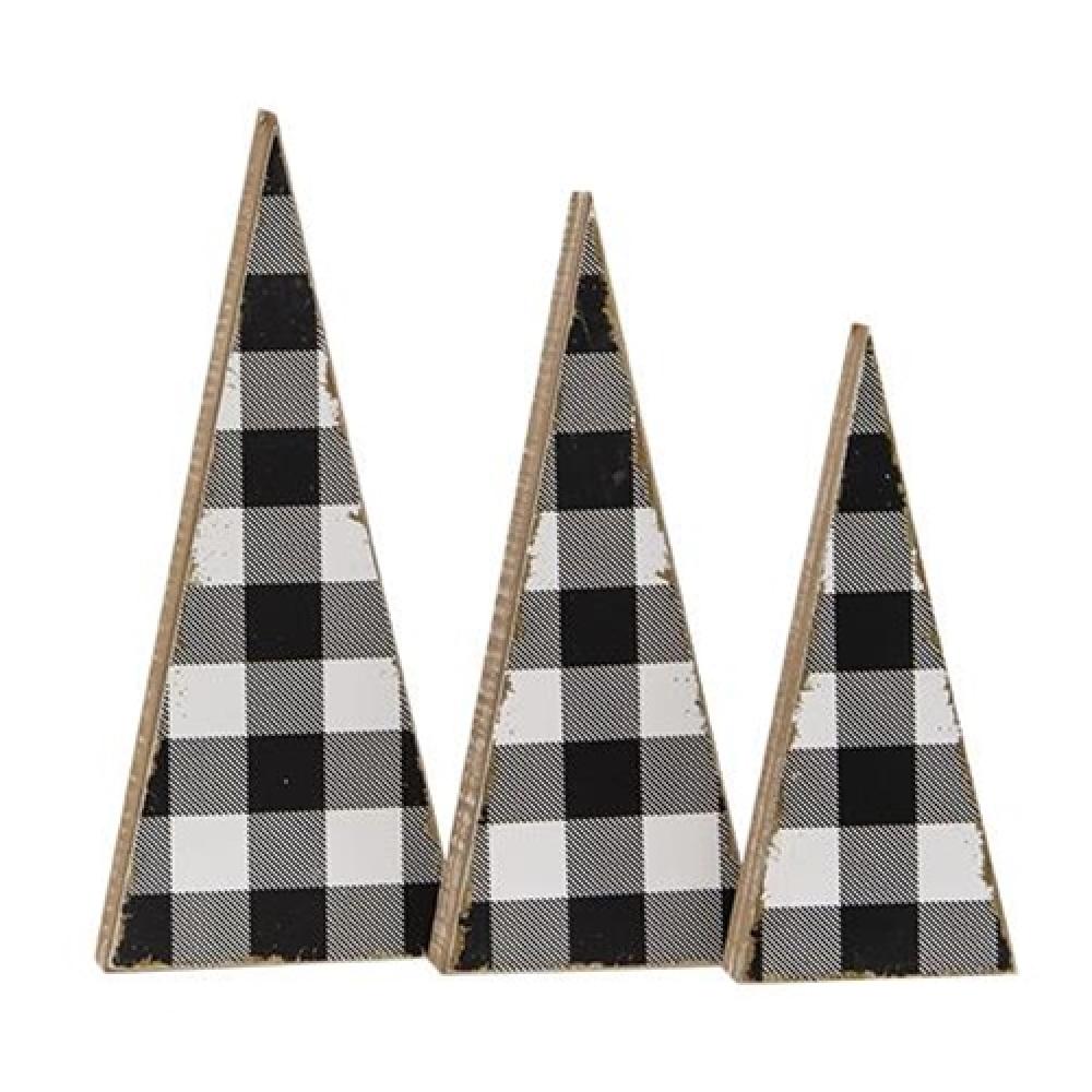3-Piece Black and White Buffalo Check Wooden Christmas Tree Set - Rustic Holiday Decor for Home, Office, and Party Decorations