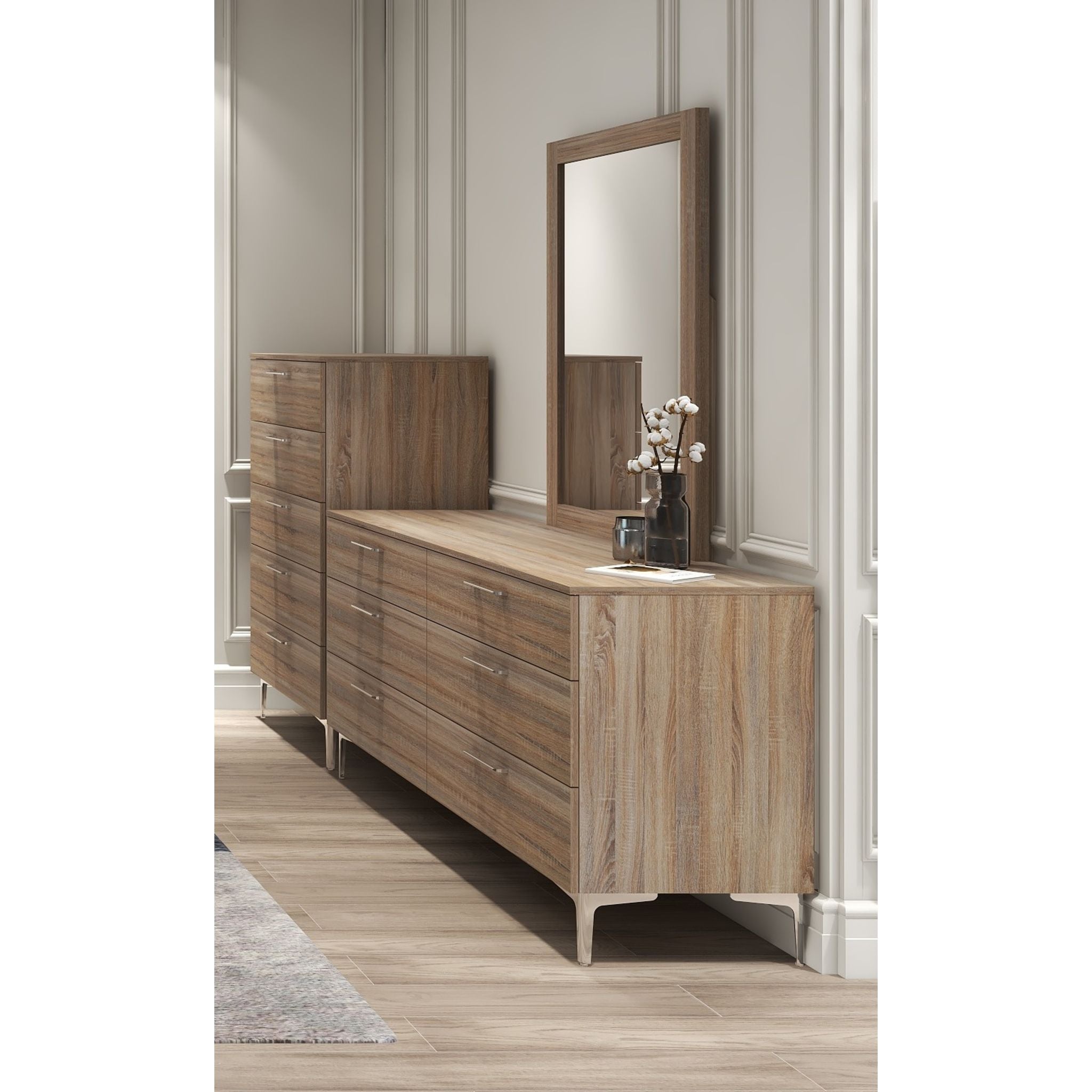 Apollo Dresser - French Oak Solid Wood Bedroom Dresser with 6 Drawers, Vintage Style Storage Cabinet for Bedroom, Living Room & Office Organization