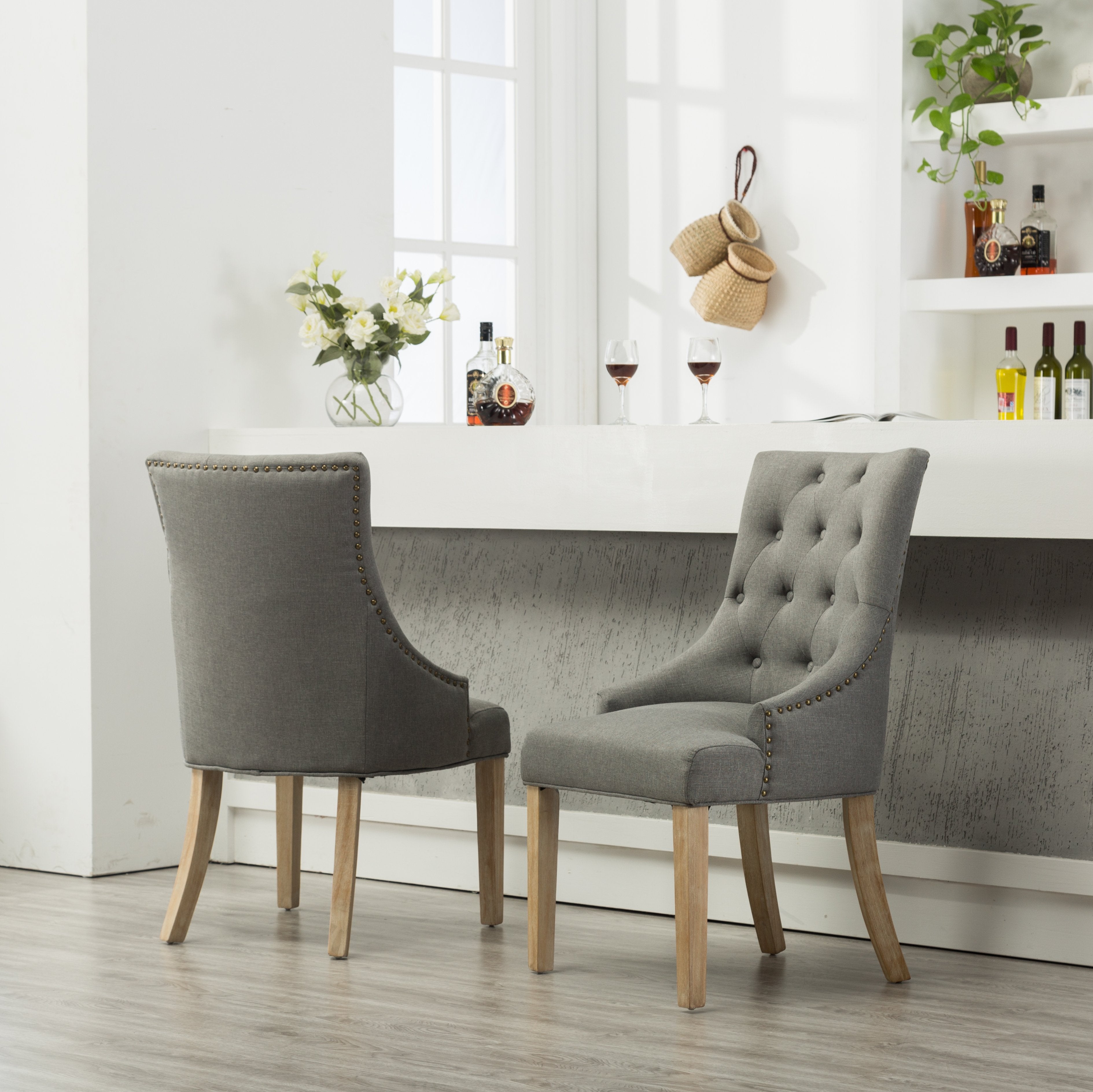 Roundhill Furniture Solid Wood Wingback Hostess Chairs with Button Tufted Upholstery & Nailhead Trim - Set of 2, Grey - Perfect for Dining Room, Living Room or Home Office Decor