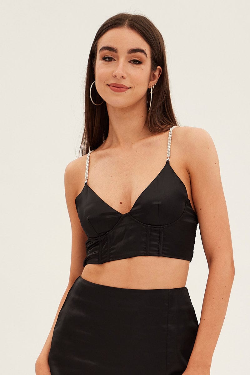 Black Corset Top Sleeveless Crop Top with Diamantes - Sexy Satin Bustier for Women, Perfect for Parties, Date Nights & Special Occasions