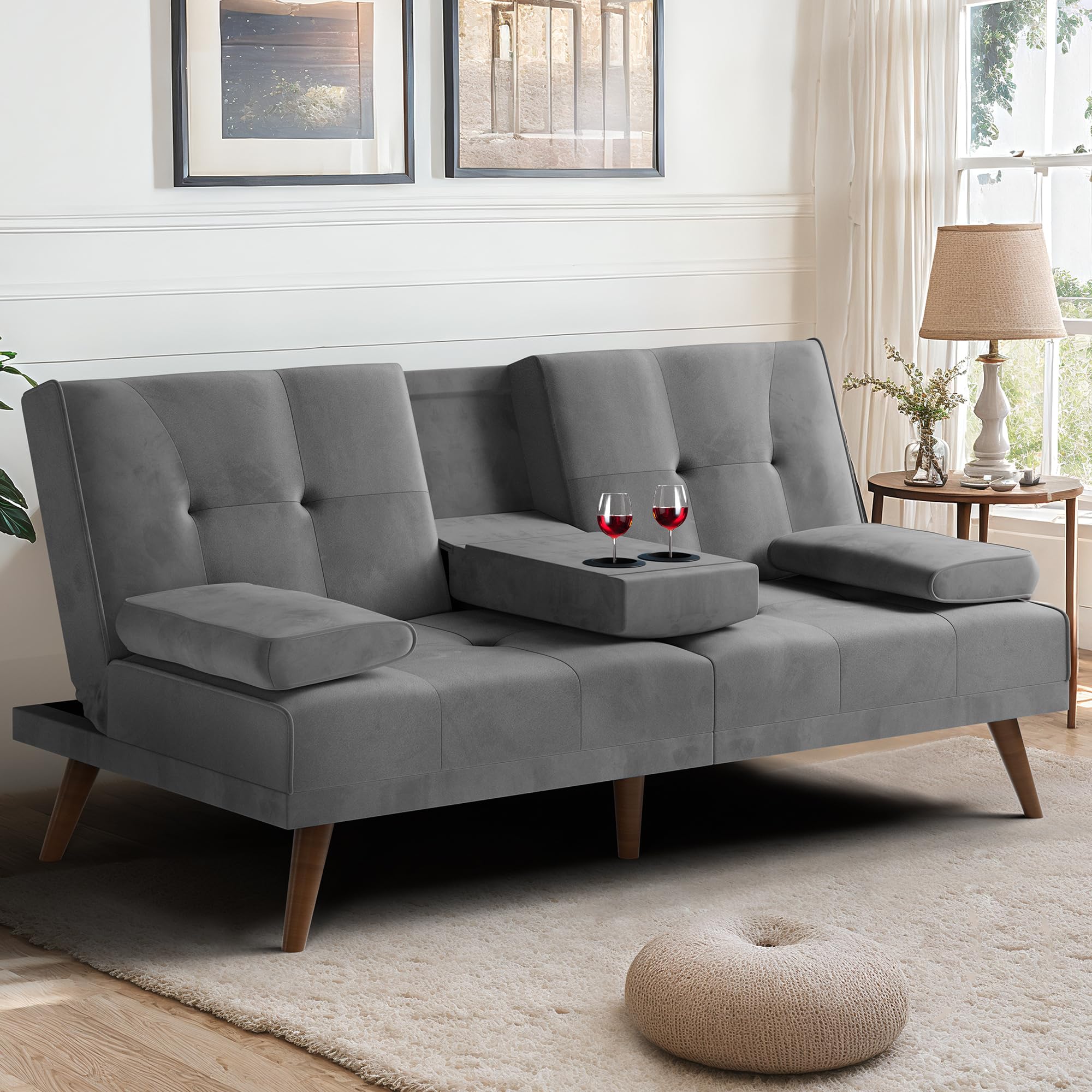 Meilocar Velvet Convertible Futon Sofa Bed - Adjustable Recliner with Removable Armrests & Cup Holders, 3 Angle Positions, Light Gray - Perfect for Small Spaces, Apartments, Dorms & Guest Rooms